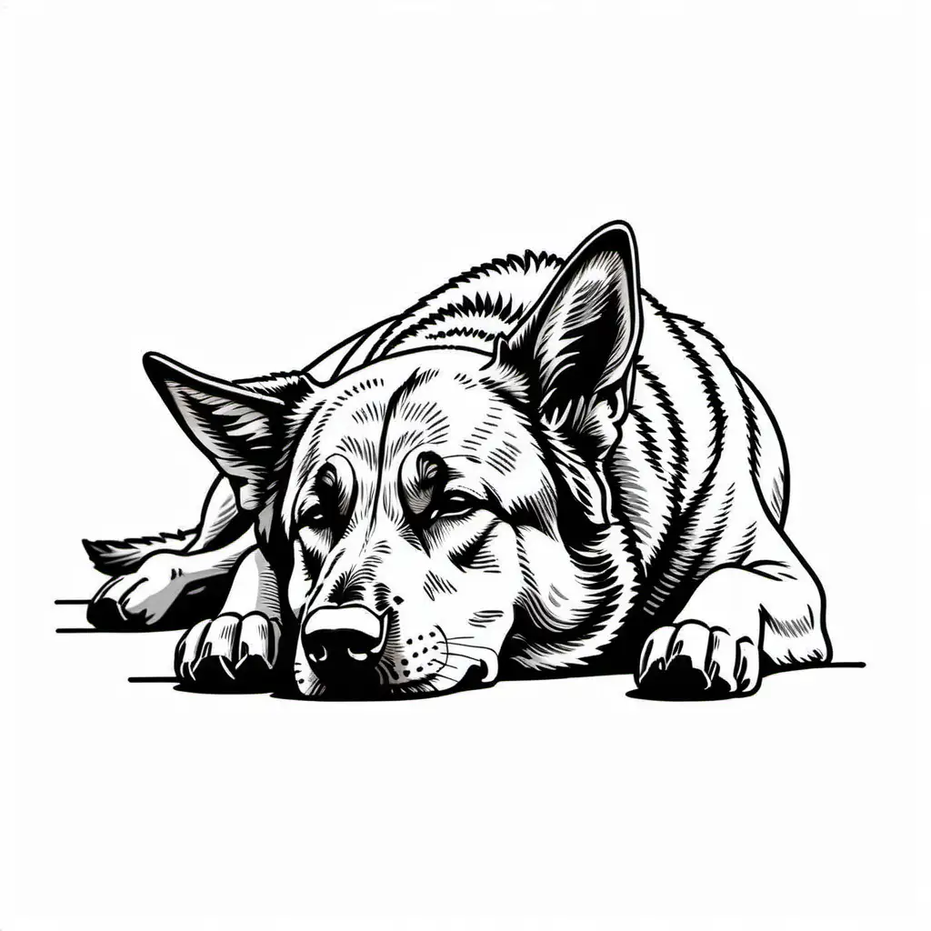 Sleeping German Shepherd Dog Sketch on White Background