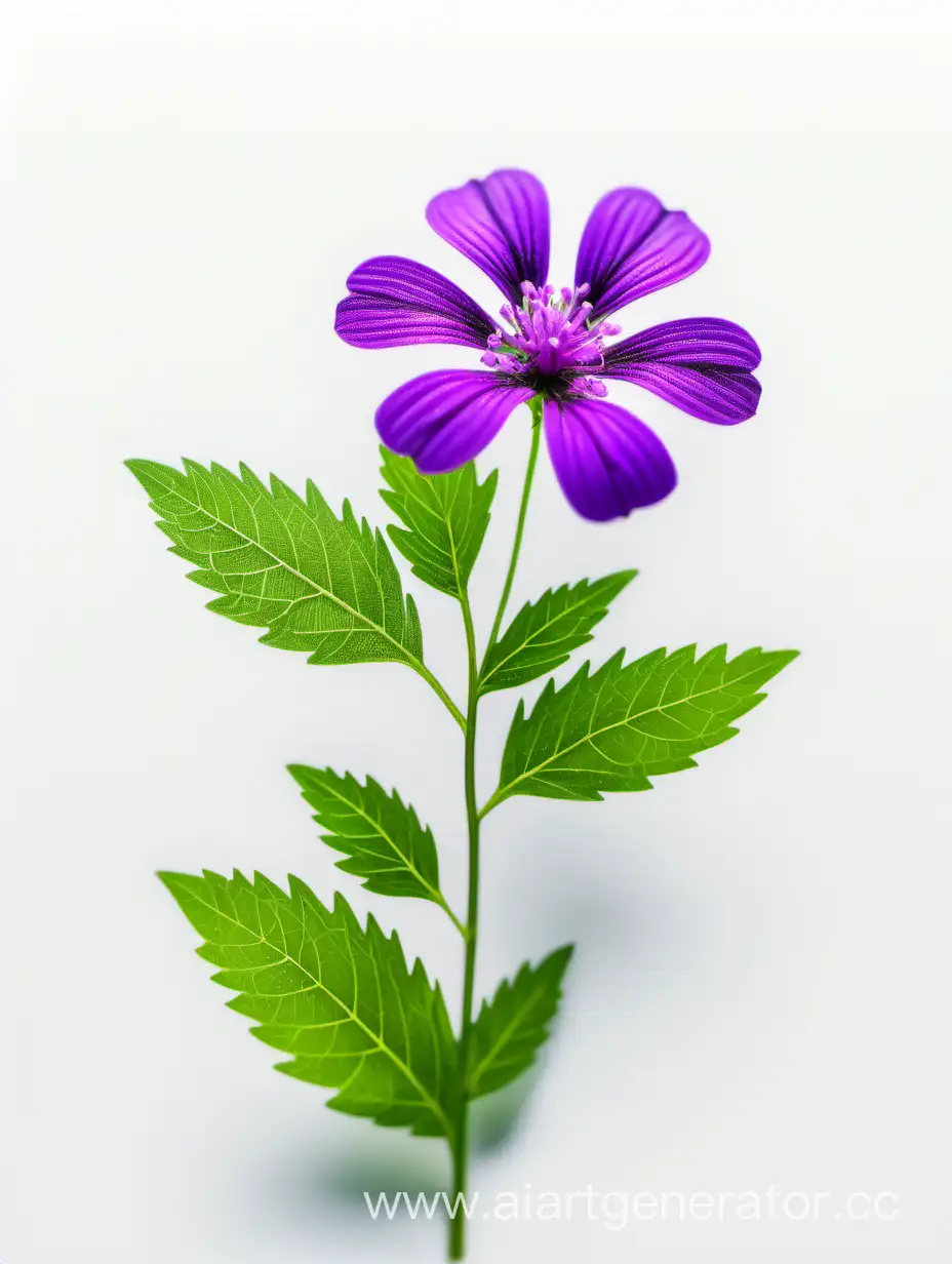 PURPLE wild flower 8k with natural fresh green leaves on white background 
