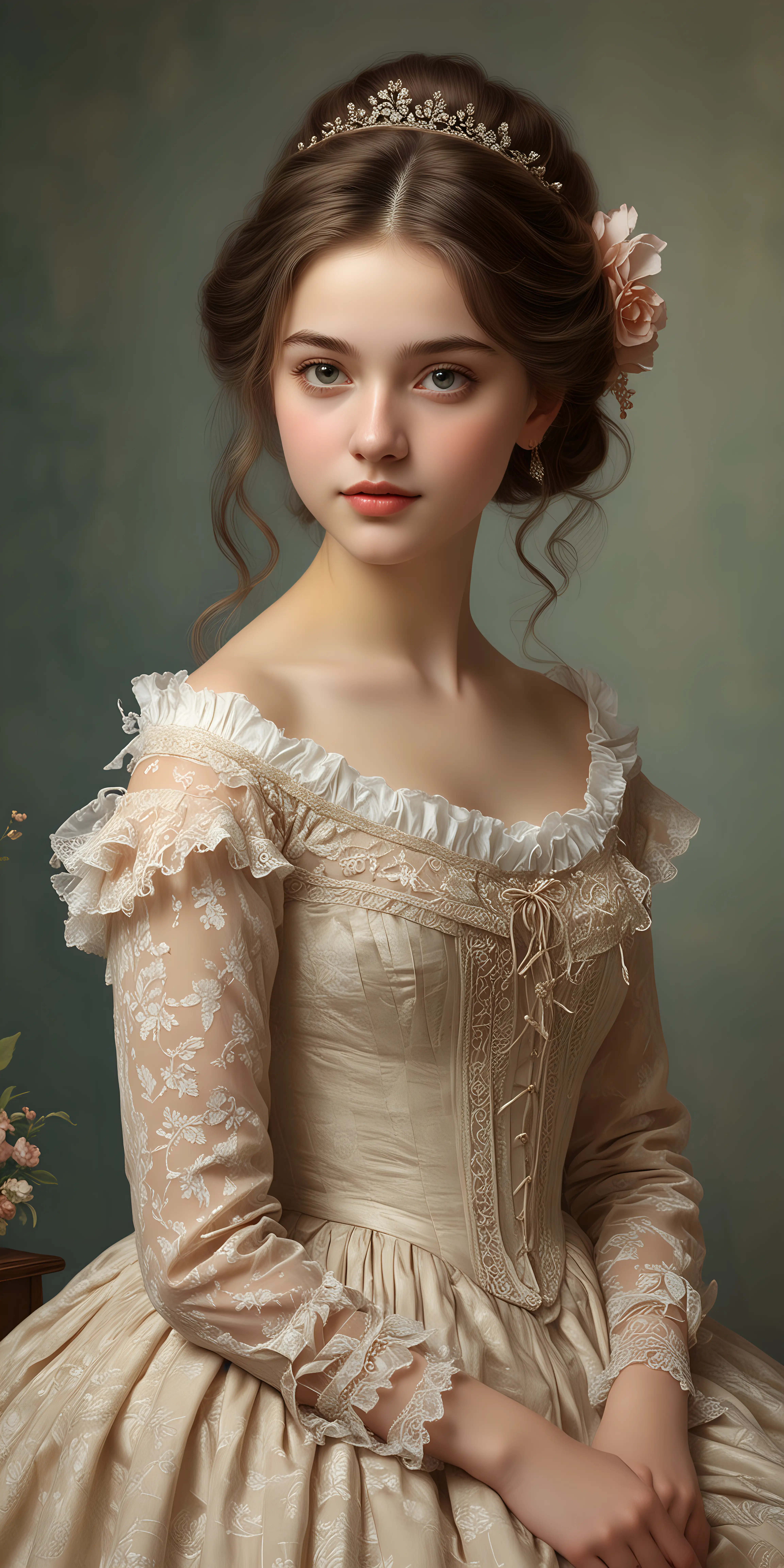 a captivating masterpiece that seamlessly blends the elegance of the 19th century with the innovation of digital art. This stunning portrait brings to life the enchanting beauty of a girl in the style reminiscent of a bygone era. With meticulous attention to detail, the artist has expertly captured the delicate features, graceful poise, and timeless allure of the subject – 