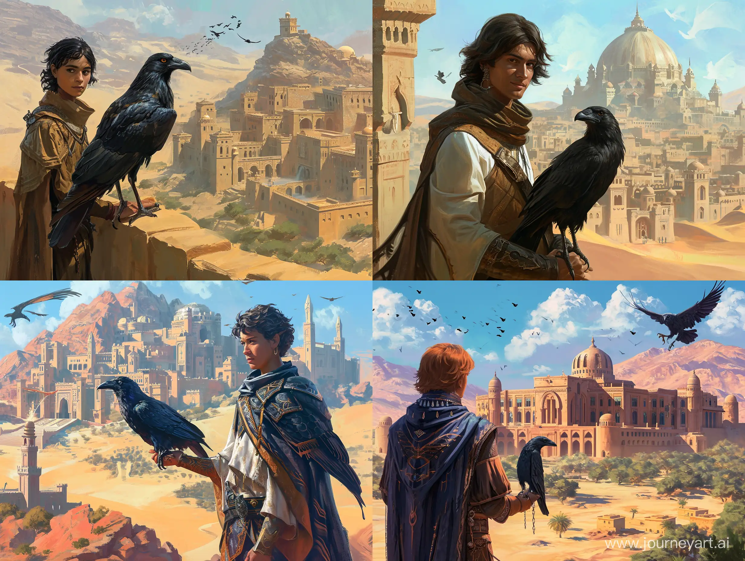 teenage wizard samsaran with a magical crow in front of a university of a rich city in the middle of the desert, high resolution, fantasy world, dungeons and dragons