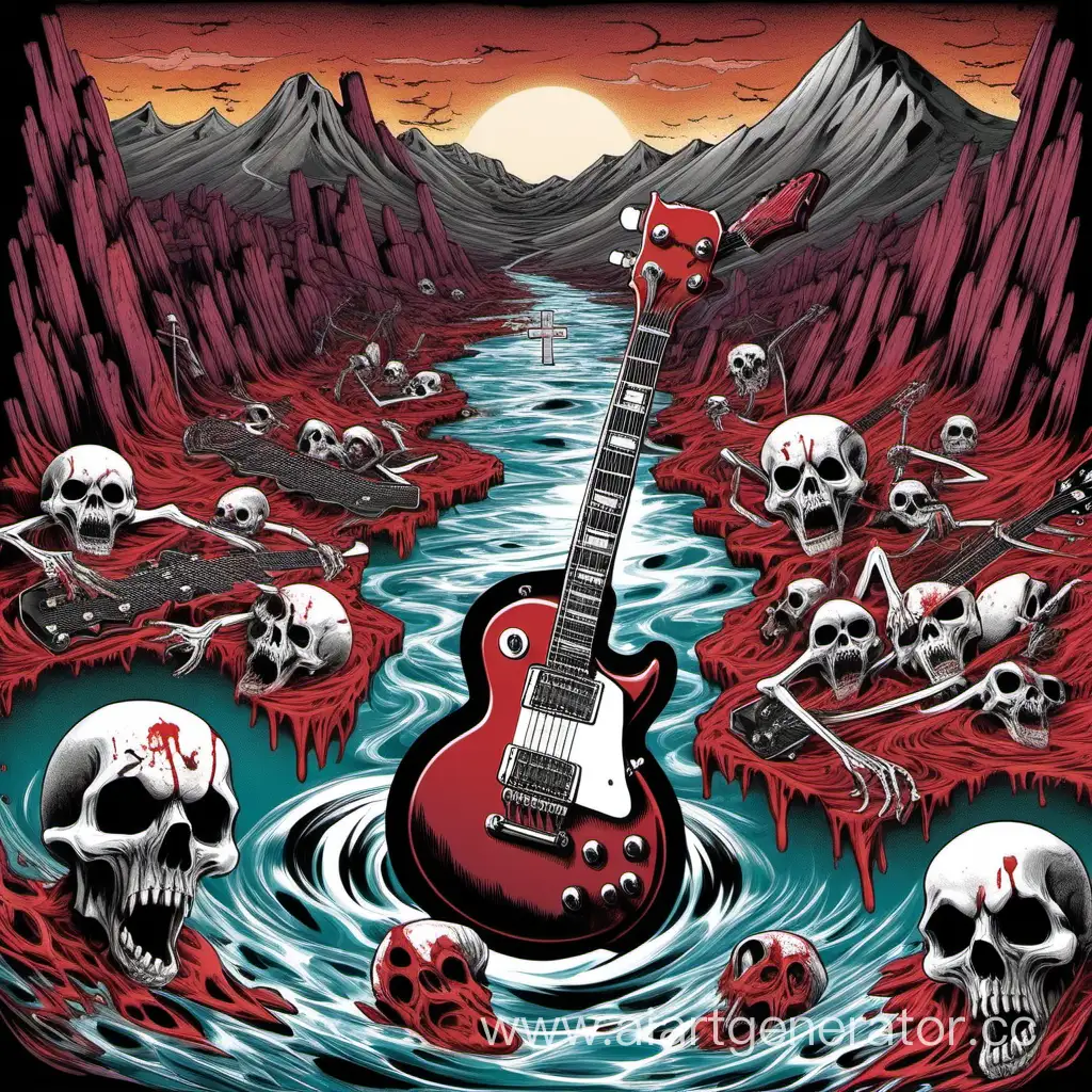Musical-Melancholy-Surreal-Scene-of-Guitar-Graves-by-a-Bloody-River