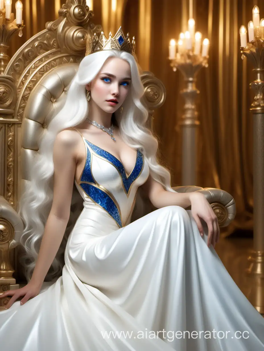 A princess beauty with white hair and blue eyes. In a white floor-length dress on a throne (8k HTR) hot . . (Diamonds and gold)  sensitive and beautiful face ( background golden walls ) ring with big diamond 