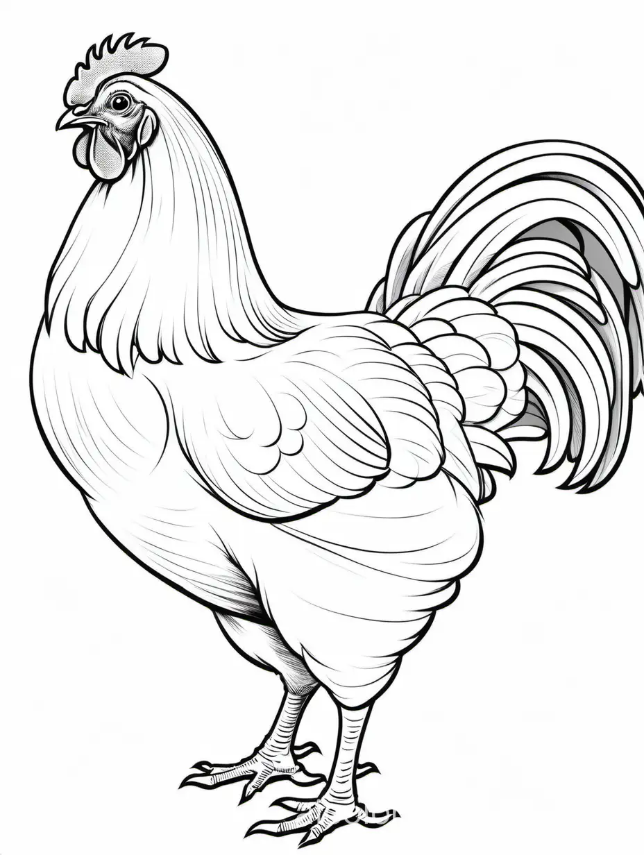Rhode Island Red Chicken, Coloring Page, black and white, line art, white background, Simplicity, Ample White Space. The background of the coloring page is plain white to make it easy for young children to color within the lines. The outlines of all the subjects are easy to distinguish, making it simple for kids to color without too much difficulty