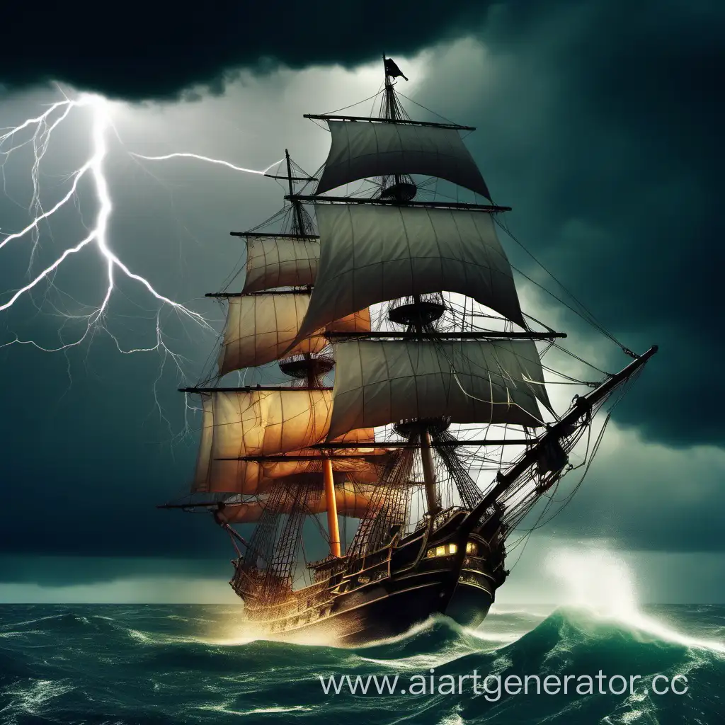 Пиратский двухмачтовый парусный корабль в море, в грозу, молнии