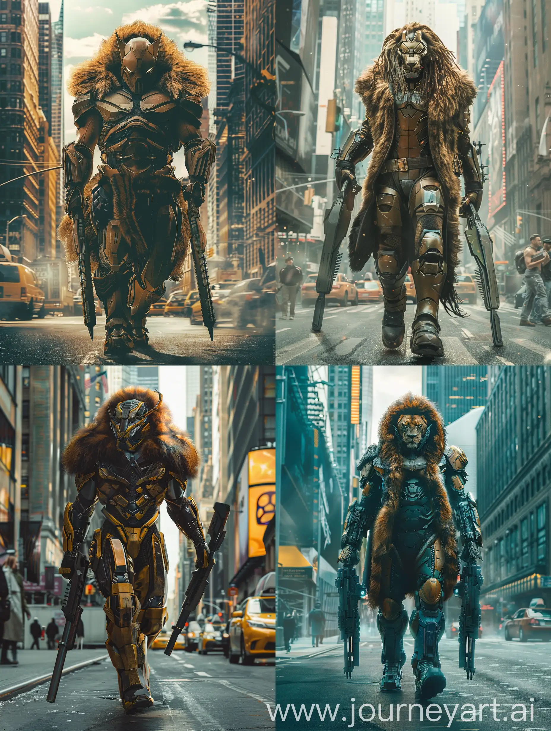 Marvel (Kraven the hunter) (8K) full body walking through New York with weapons in hands with a futuristic style with classic lion fur coat