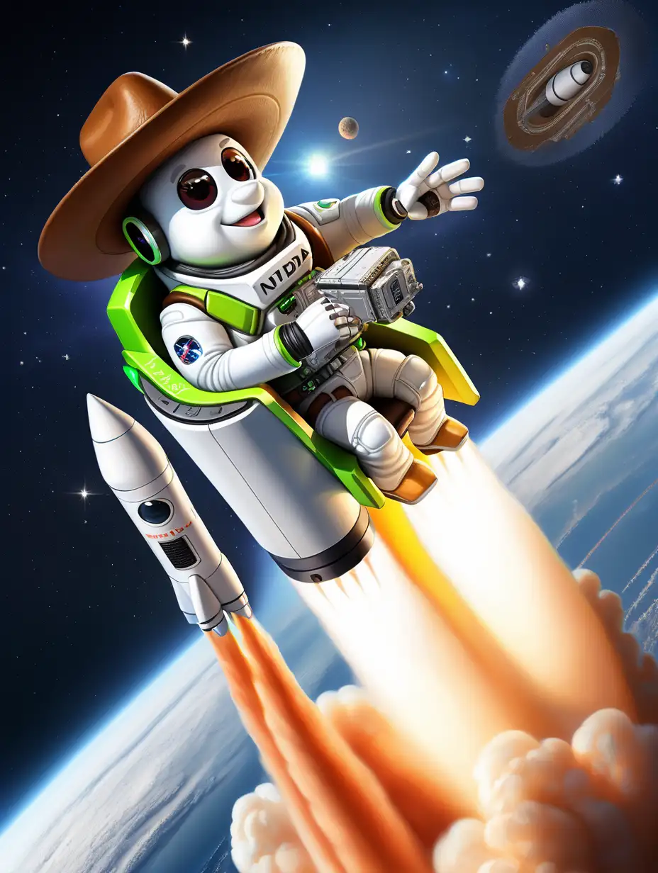 NVIDIA Chip with a cowboy hat riding a rocket into space
