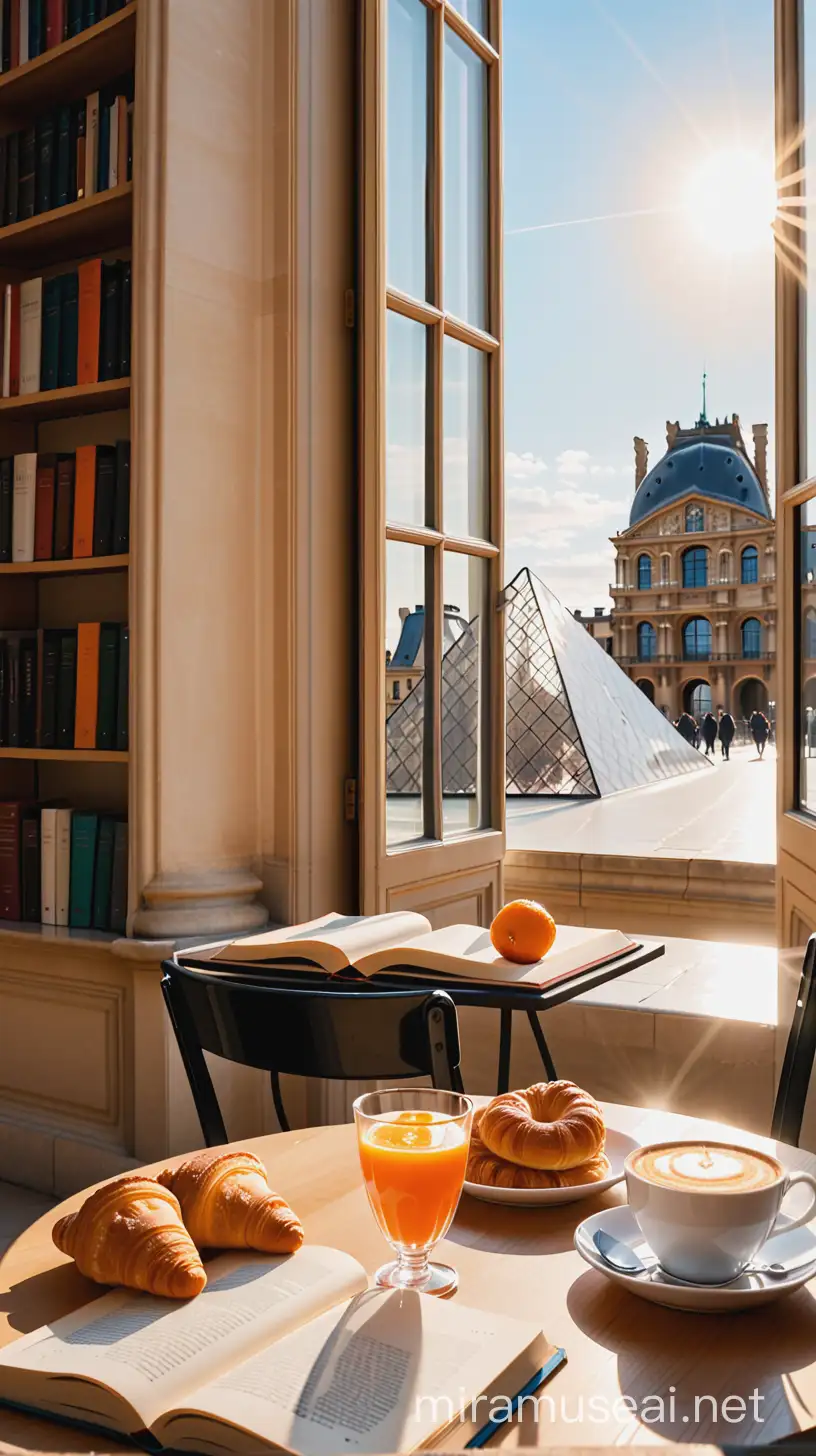 louvre, books, library, window, paris, sunshine, orange, table with books, musee du louvre, cafe et croissants sur la table 