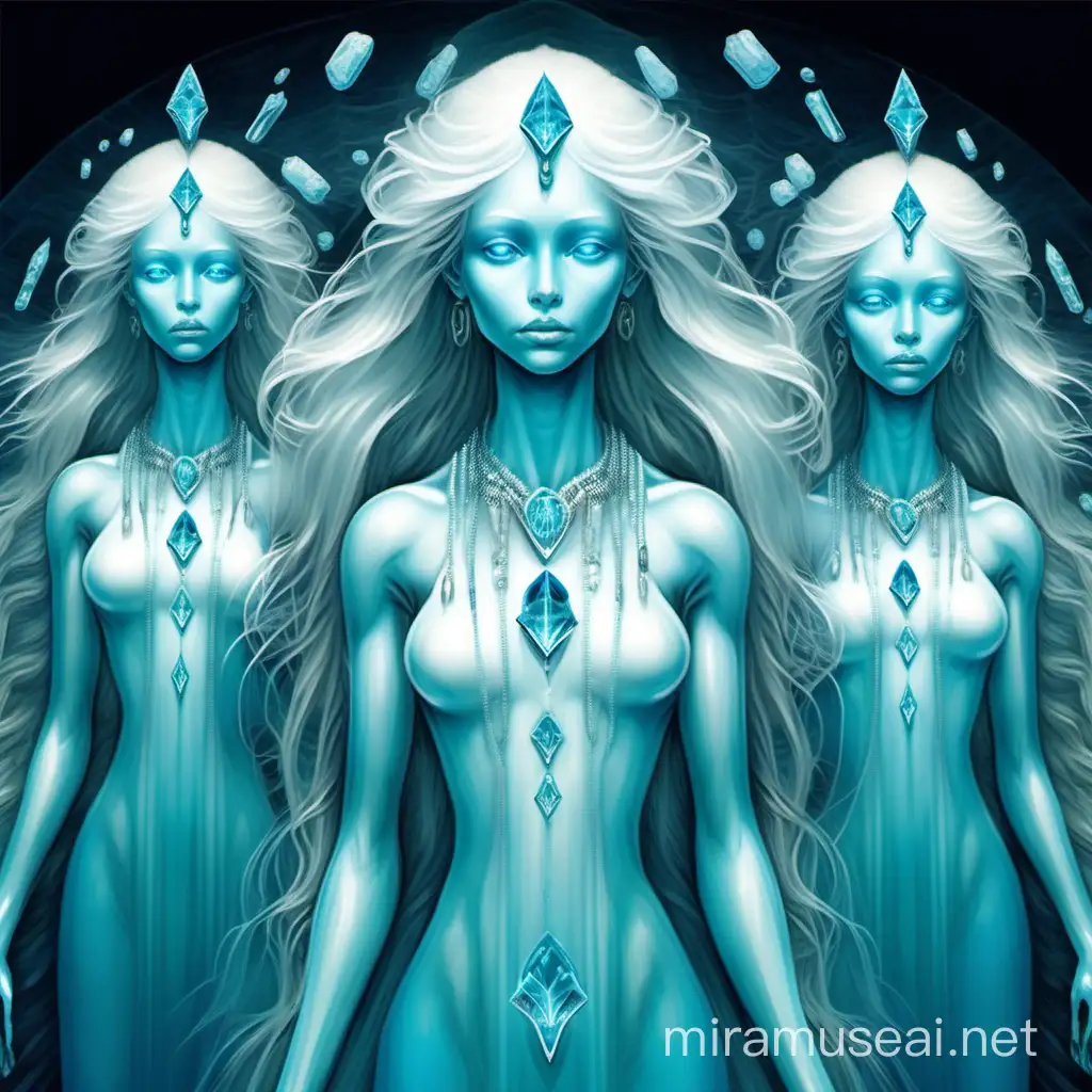 Spiritual Aquamarine Blue Beings with Silver Hair and Crystals Embracing Nature