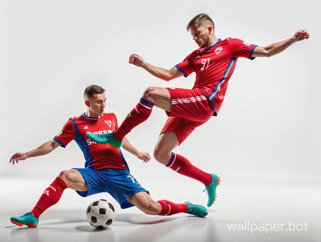 Soccer player in Spartak uniform kicks a defeated player in CSKA uniform. White background, high level of detail and realism. Professional photo.