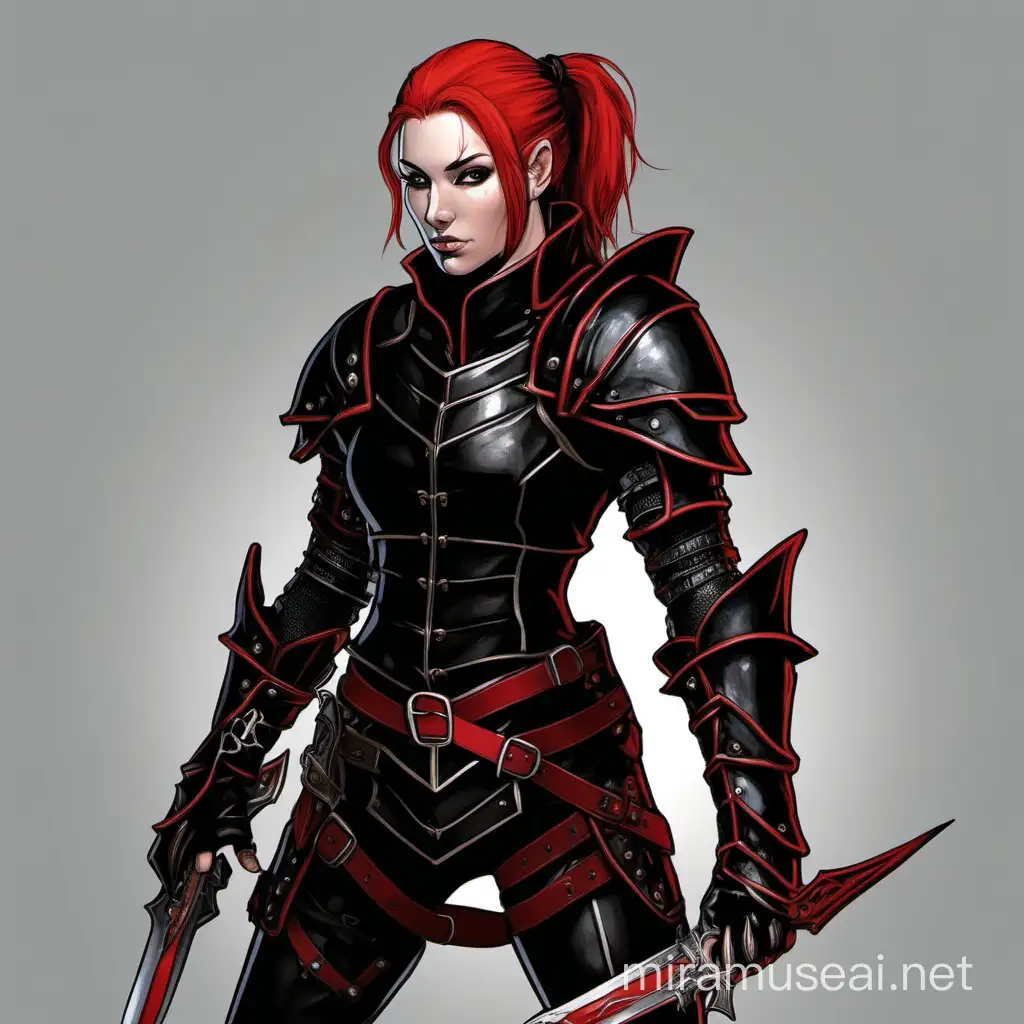 A picture of a soft faced, young, half-elf female assassin with red hair in a ponytail dressed in black leather armour with red accents.