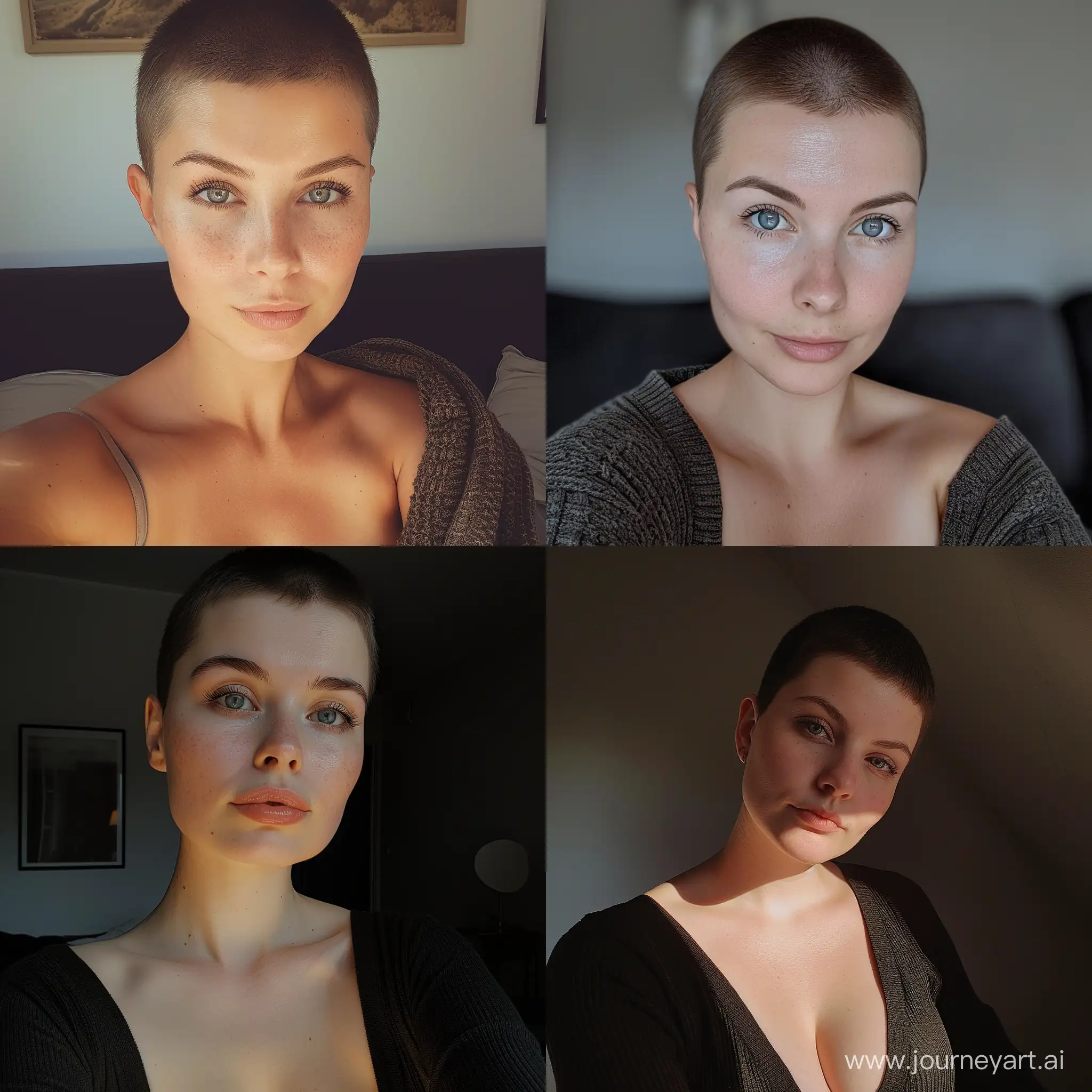 Interior selfie of a woman with short haircut, grey eyes, small breasts, shot on a low camera quality