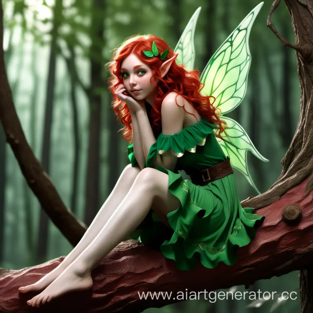 Enchanting-Elf-Girl-with-Red-Wavy-Hair-and-Green-Fairy-Wings-on-a-Forest-Tree-Branch