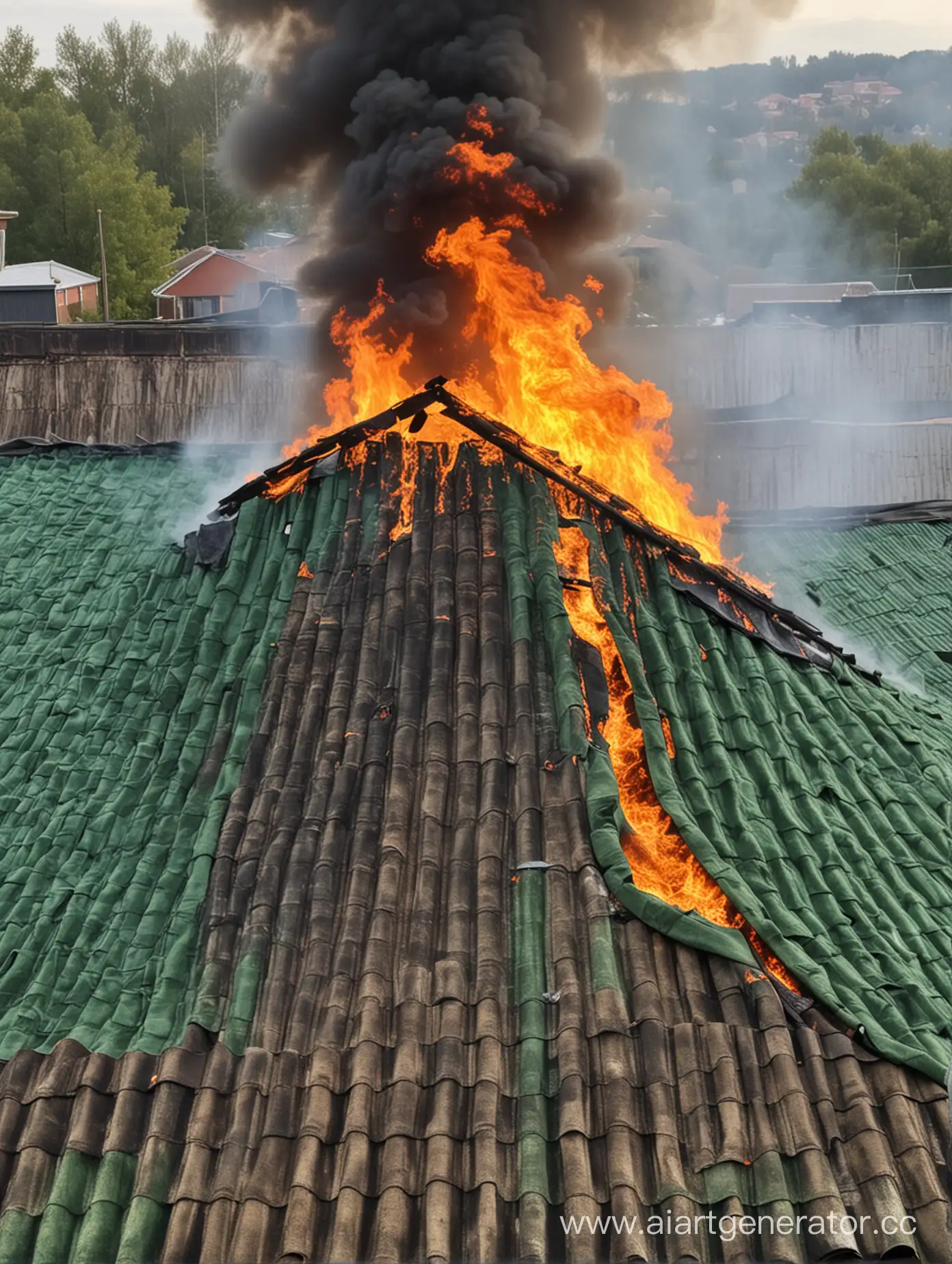 Покажи крышу горящую в огне из зелёного профнастила