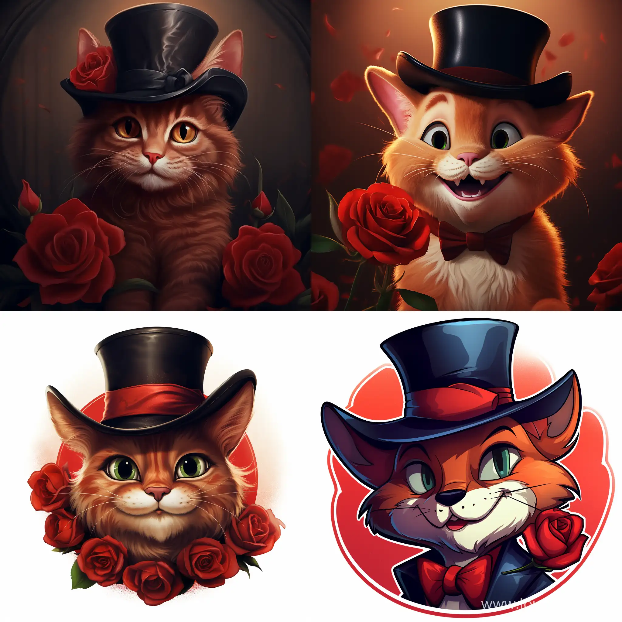 Adorable-Red-Cartoon-Cat-Wearing-a-Hat-with-a-Rose-in-Its-Teeth