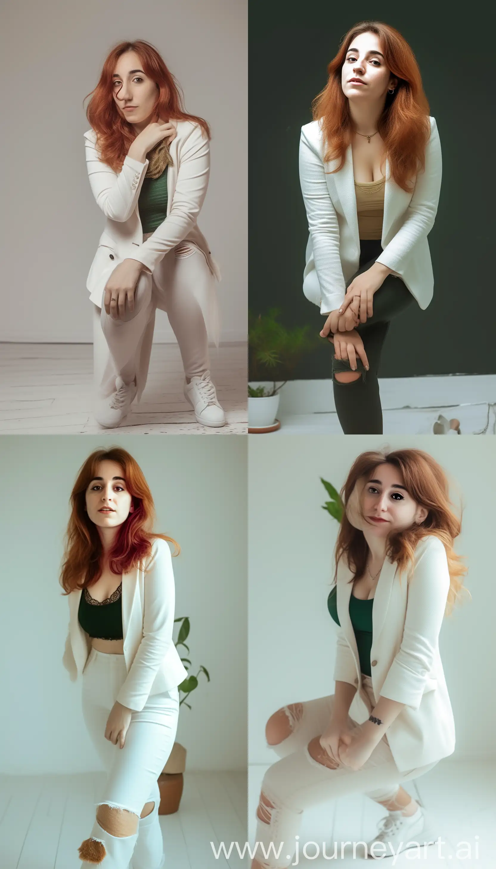 A full body stylish woman with medium-length hair and wearing white striking boss poses in a professional studio photoshoot, female blazer, white shoes  zoom out 2x, right side angle --cref https://cdn.discordapp.com/attachments/989268365870776411/1218985362832097330/ameliebois_a_woman_in_italian_restaurant_eyes_look_at_the_plate_7068afc0-b7dc-4170-bf50-c71ae689ce7c.png?ex=6609a796&is=65f73296&hm=1ad127f25081b929add499ce9c0a1396427f93cd4e3a8e0c0b3017a18955b4a2& --cw 100 --style raw --v  6 --ar 4:7 --q .25