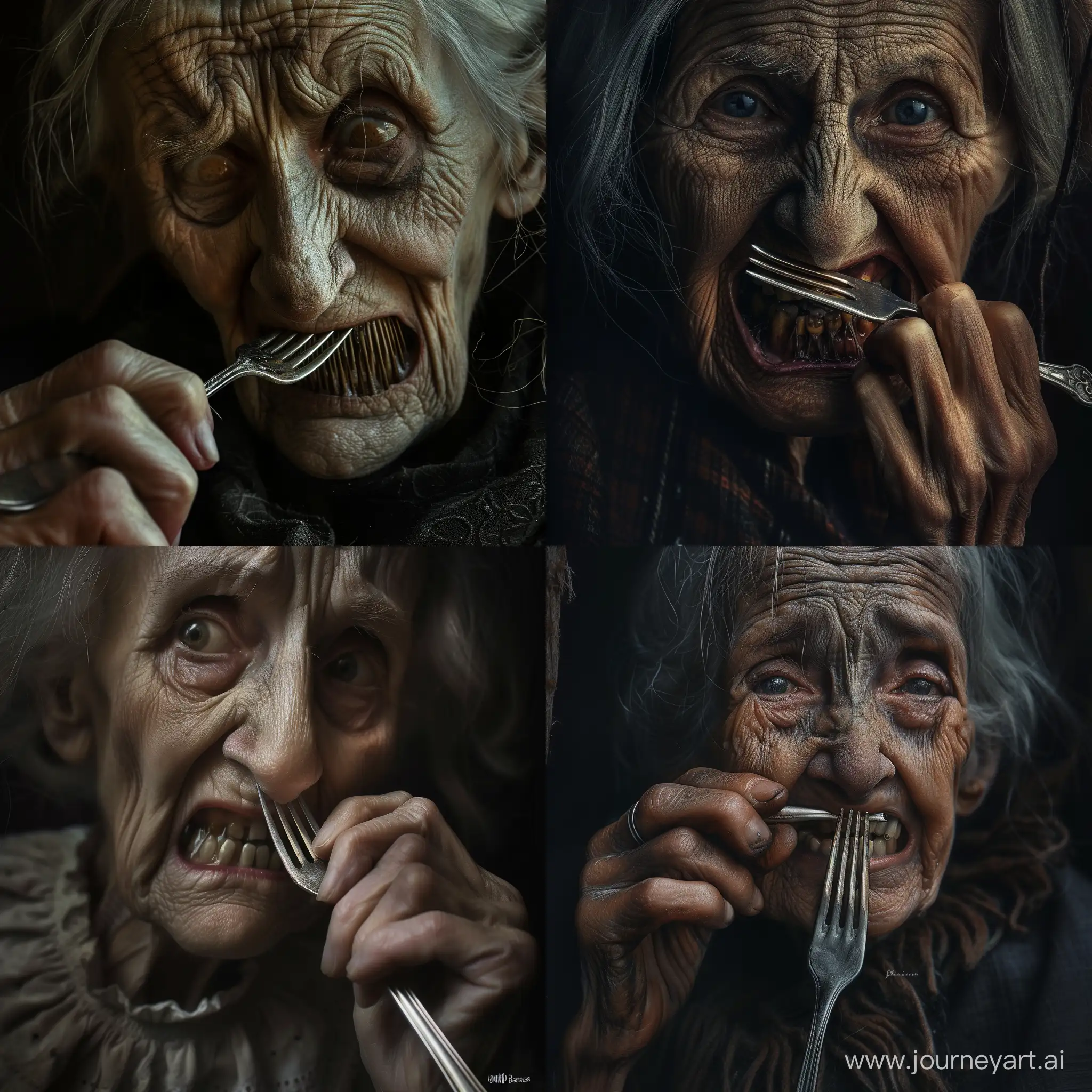 A close portrait of an old lady cleaning her teeth with a fork. Beksinski grotesque haunting unsettling dark 