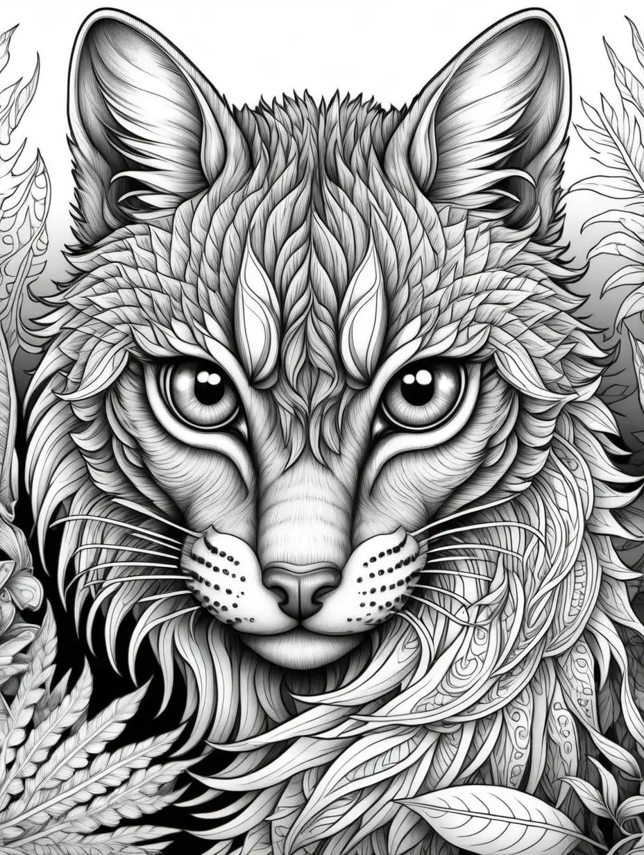 Intricate Black and White Adult Coloring Page Featuring Animals with Detailed Eyes Tails and Claws