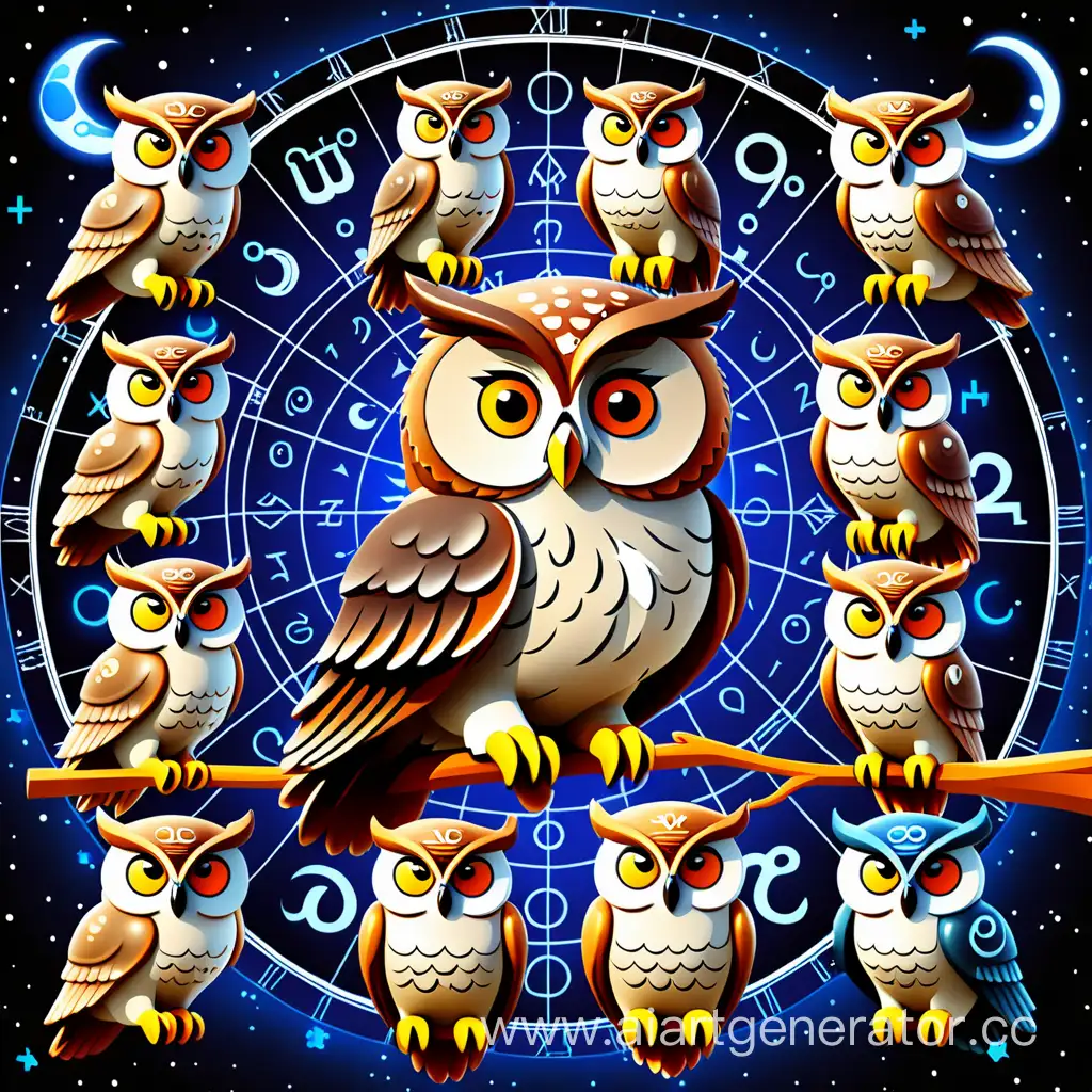 Twelve-Owls-Surrounded-by-Zodiac-Signs
