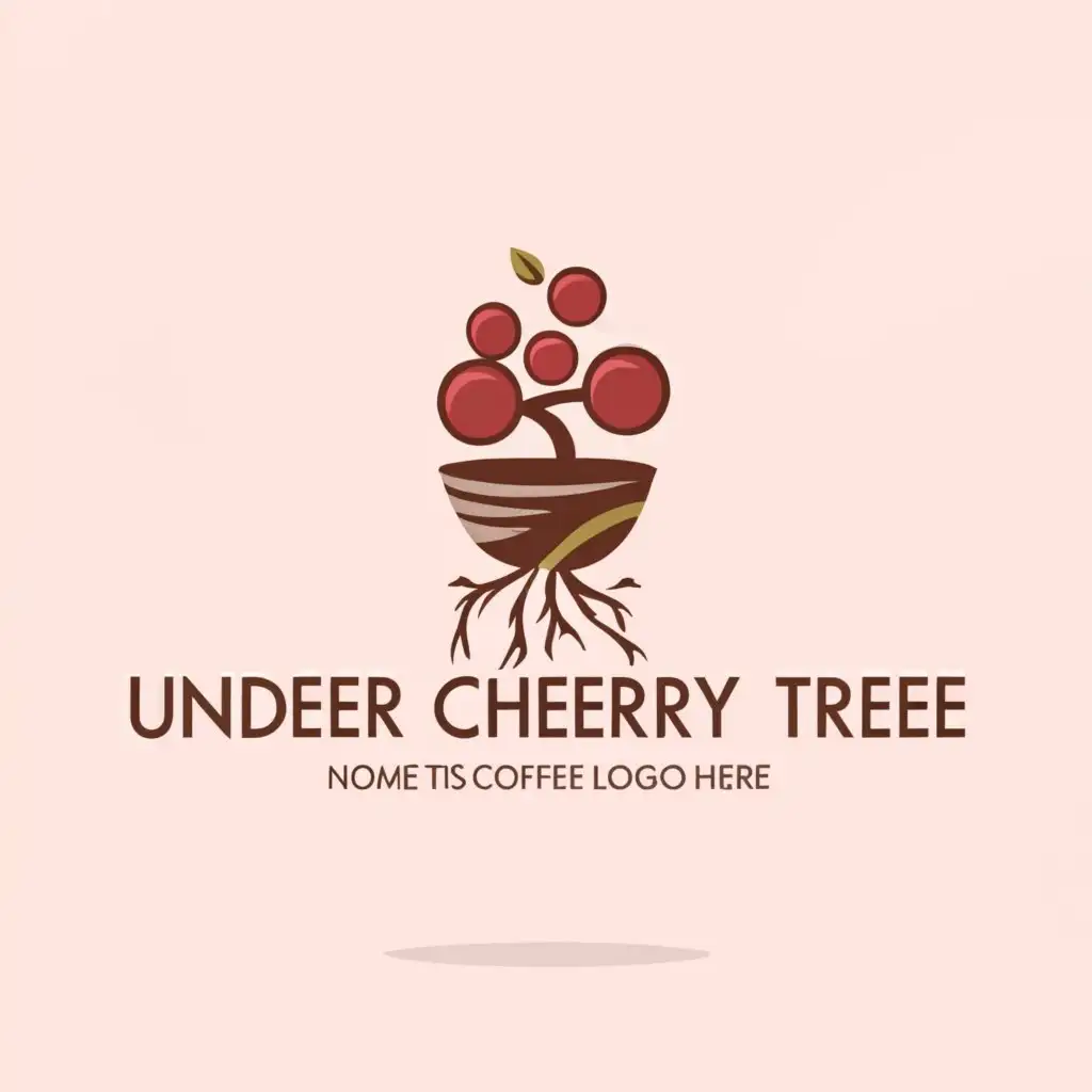 a logo design,with the text ""UNDER THE CHERRY TREE"", main symbol:Create a stylized minimalist logo of a cup by pouring coffee over the roots of a cherry tree, and integrating with the roots. in pink and brown colors. and the title: "Bajo el Cerezo".,Minimalistic,be used in Restaurant industry,clear background