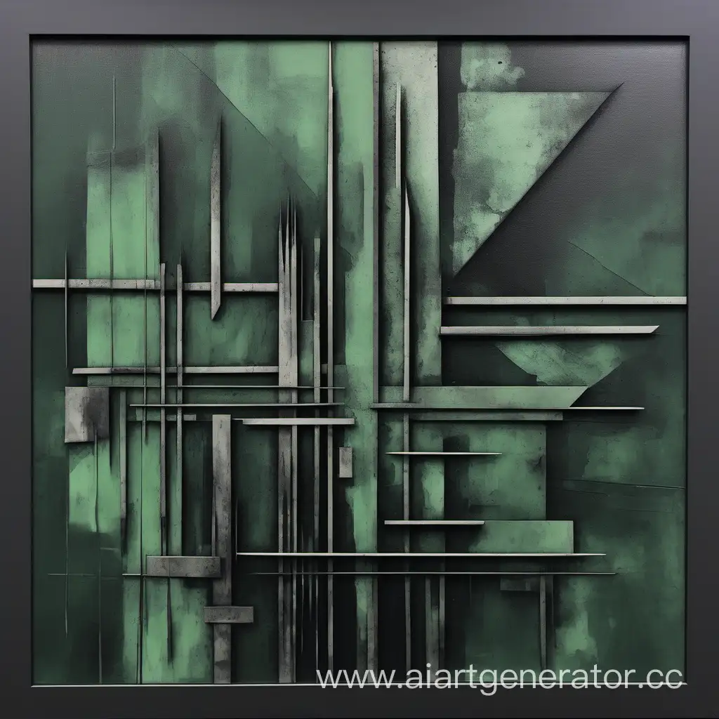 Brutalist style abstract art, dark Grey's, dark greens