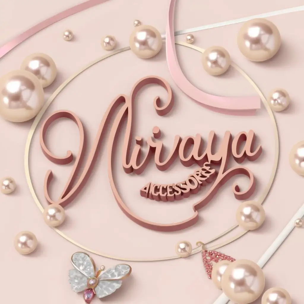 a logo design,with the text Mirnaya accessories, main symbol: Design a 3D logo for an Instagram business page titled Mirnaya Accessories, specializing in selling bracelets, earrings, and rings. The primary color scheme should include shades of pink and violet, or solely pink. Key elements of the logo should feature the name Mirnaya Accessories and some pearls with the accessories in a feminine readable font, alongside representations of the accessories with heart and butterfly. Minimalistic,clear background