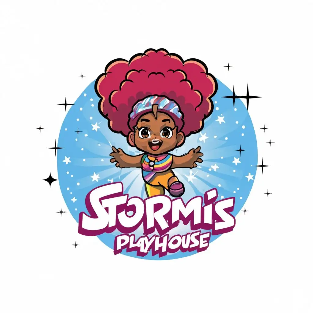a logo design,with the text "Stormi's Playhouse. ", main symbol:An African American power puff girl with a long galaxy afro with a rainbow aura surrounding the girls body like a glow , she is flying through the clouds with a very joyous smile.,complex,clear background