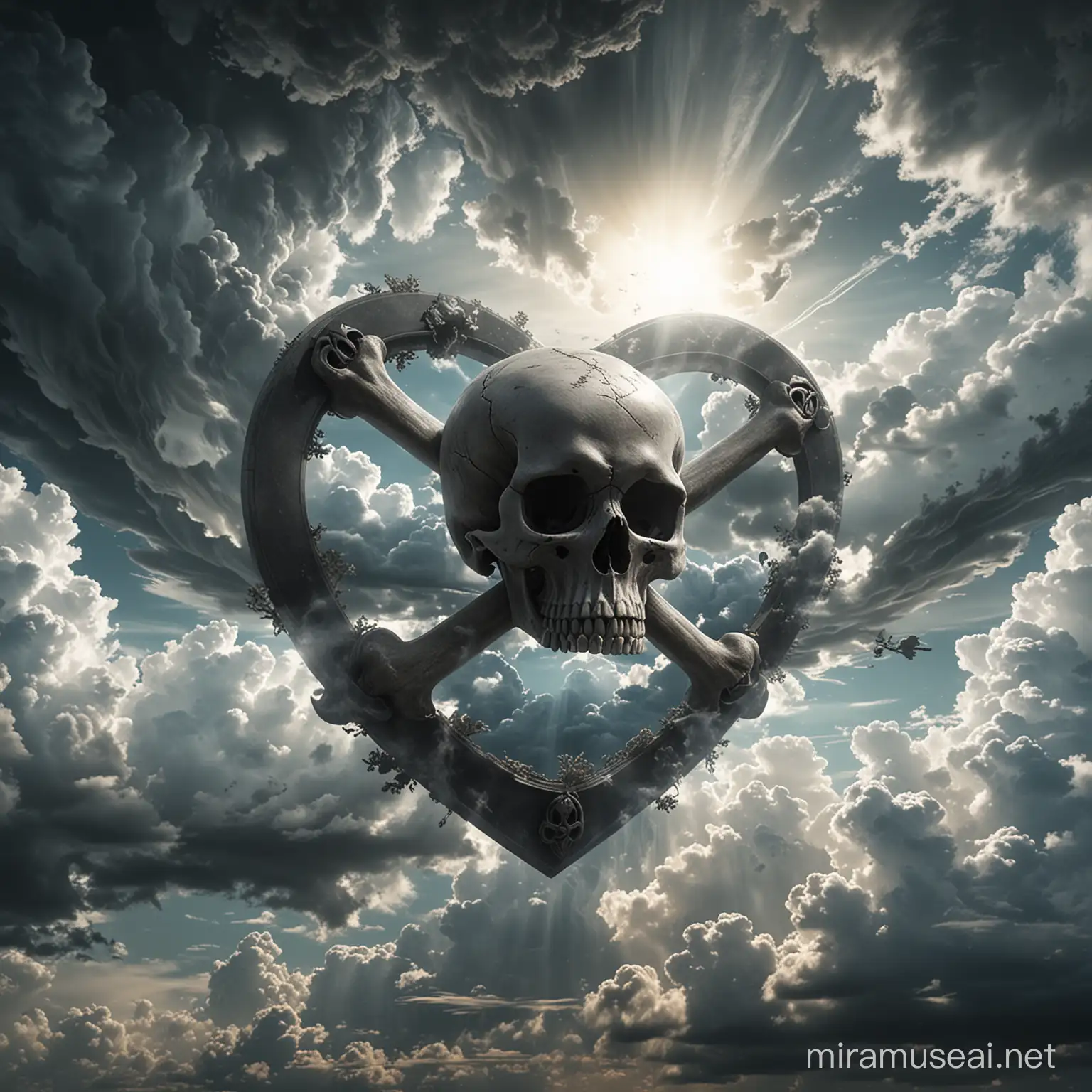 Ethereal Cloudscape with Intriguing Skull and Crossbones Logo