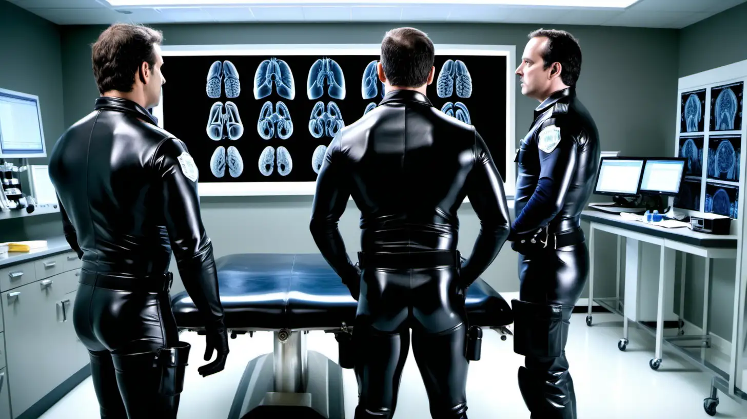 three male police motorcycle officers in skin tight shiny black rubber uniforms, tight police motorcycle boots, all facing forward looking at a man wearing only a pair of black rubber underwear and tight fitting police motorcycle boots with a shiny silver band on his neck laying on a medical exam table in front of them as a doctor wearing black medical scrubs begins to examine the man,  in a futuristic medical research laboratory with larges screens in the background showing images of human male bodies and brains, --ar 2:3 --v 6.0