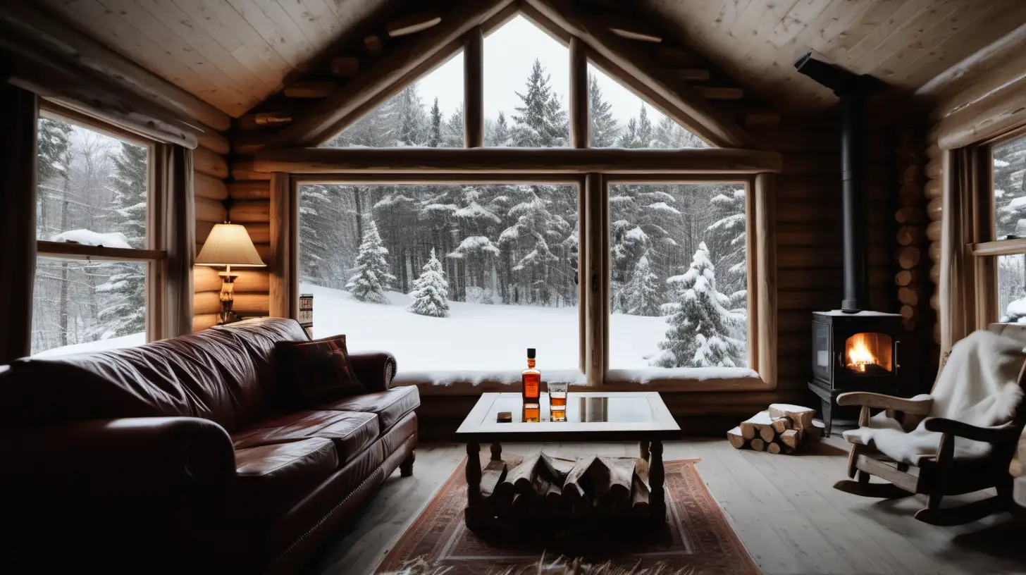 Cozy Log Cabin Ambiance with Fireplace and Snowy Views