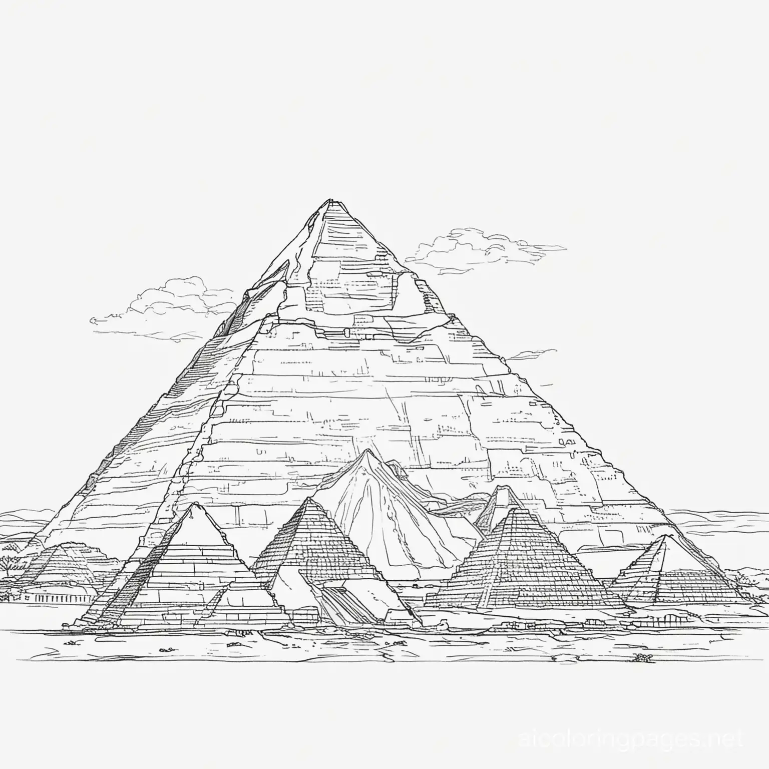 Great Pyramid of Giza: Located in Egypt, the Great Pyramid of Giza is the oldest and only surviving wonder. It was built as a tomb for Pharaoh Khufu around 2560 BCE. Its precise construction methods remain a mystery., Coloring Page, black and white, line art, white background, Simplicity, Ample White Space. The background of the coloring page is plain white to make it easy for young children to color within the lines. The outlines of all the subjects are easy to distinguish, making it simple for kids to color without too much difficulty