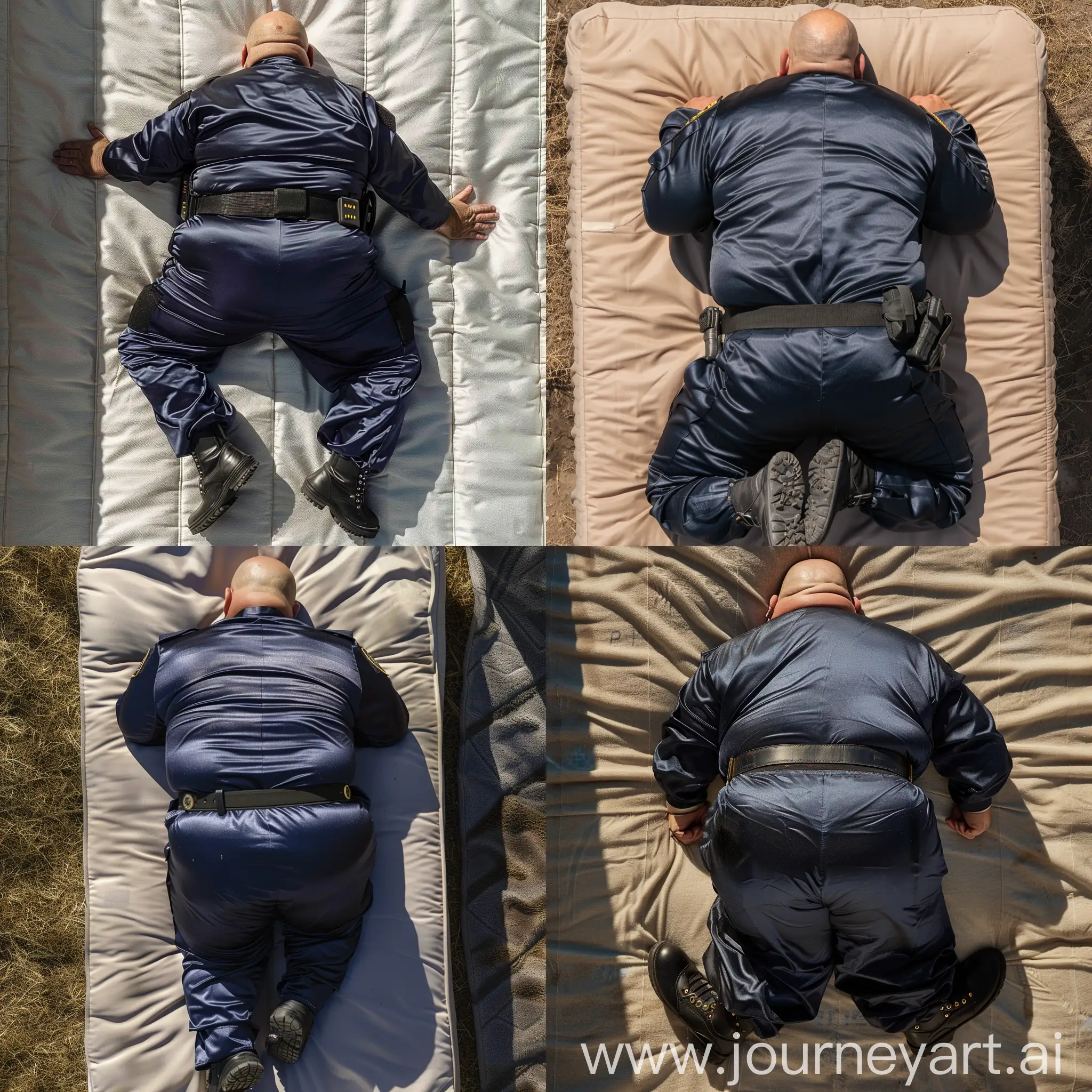 Aerial back view photo of a fat man aged 60 wearing a silk navy security guard skinny-fitted full coverall tucked in black tactical boots. Black tactical belt. Sleeping flat face down on a mattress. Outside. Bald. Clean Shaven. Natural light.