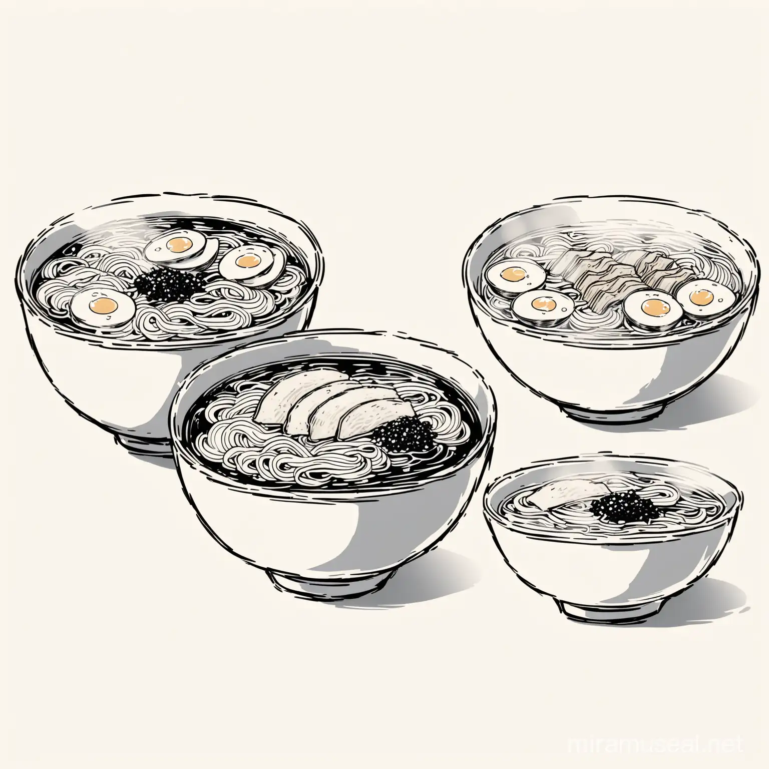 outline drawings of bowls of ramen in black and white