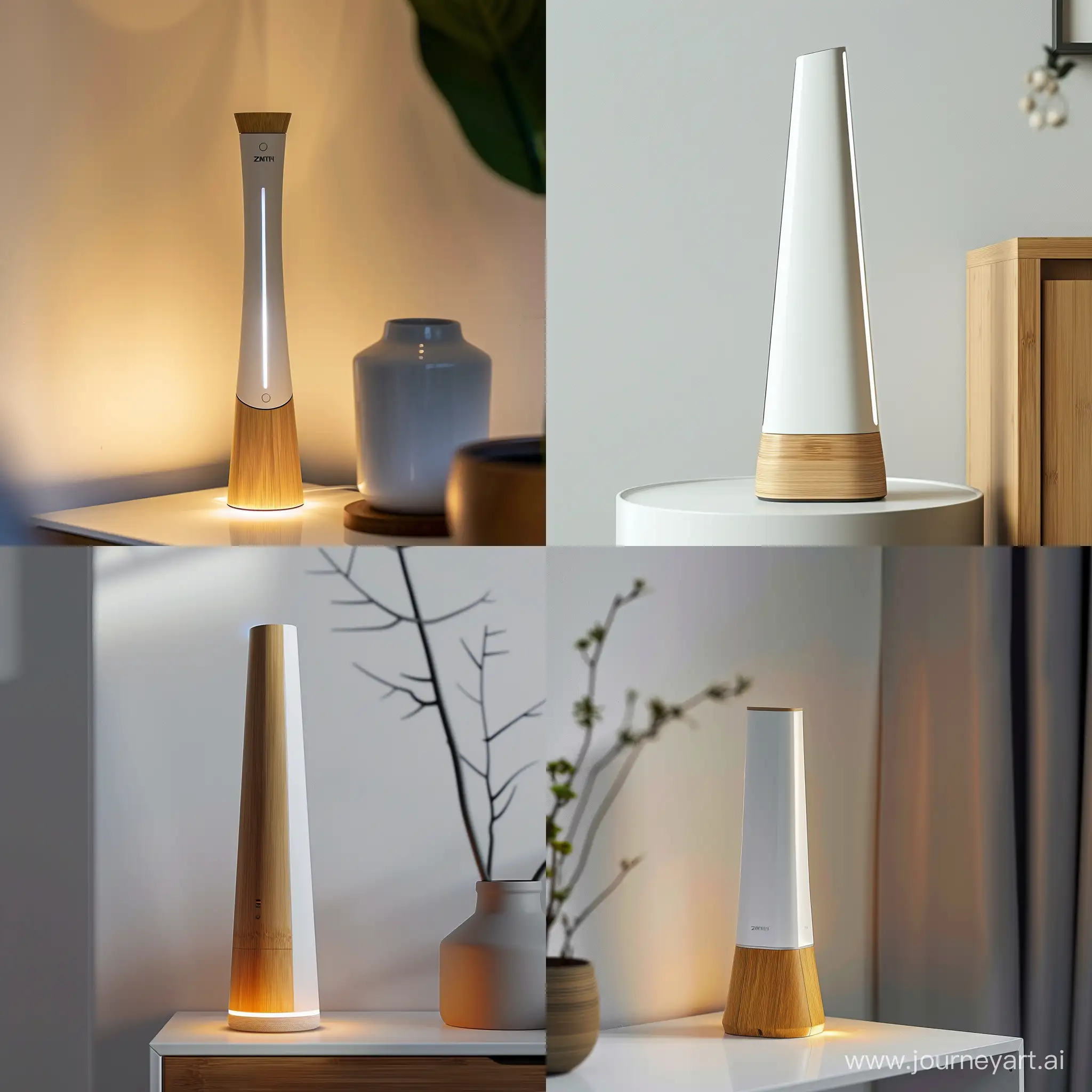 Visualize the Zenith Energy Gateway as a pinnacle of smart home energy management, blending modern design with environmental consciousness. This device embodies minimalism with its sleek, vertical silhouette, slightly tapered at the top for a subtle dynamic edge. Standing 30 cm tall with an 8 cm base diameter, its base is crafted from sustainable bamboo, offering a warm, natural aesthetic that speaks to eco-friendliness. The body, made from recycled plastics, shines in a pristine white or soft light gray, designed to complement any smart home decor with its understated elegance.
The Zenith Energy Gateway features discreet, soft LED lighting at its base and edges, providing ambient illumination and notifications in a sophisticated manner. This lighting enhances the device's futuristic appeal, creating a visual connection between the device and its smart home environment.
Designed to be both a functional energy management hub and a statement piece of technology, the Gateway stands on a minimalist side table or is mounted on a clean, white wall, integrating seamlessly into the smart home aesthetic. Its form factor and material choice symbolize a commitment to sustainability, innovation, and design excellence, aiming to resonate with modern homeowners who prioritize eco-conscious living without compromising on style.
The image should capture the essence of the Zenith Energy Gateway in a contemporary setting, highlighting its role as an elegant, technologically advanced, and environmentally friendly addition to the smart home.