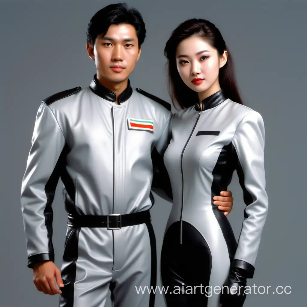 1990, un couple asiatique, debout l'un à côté de l'autre, l'homme a une sorte d'uniforme en tissu gris pâle, la fille un peu plus petite que lui, porte une combinaison noire moulante de motarde et un casque noir, style photo réaliste