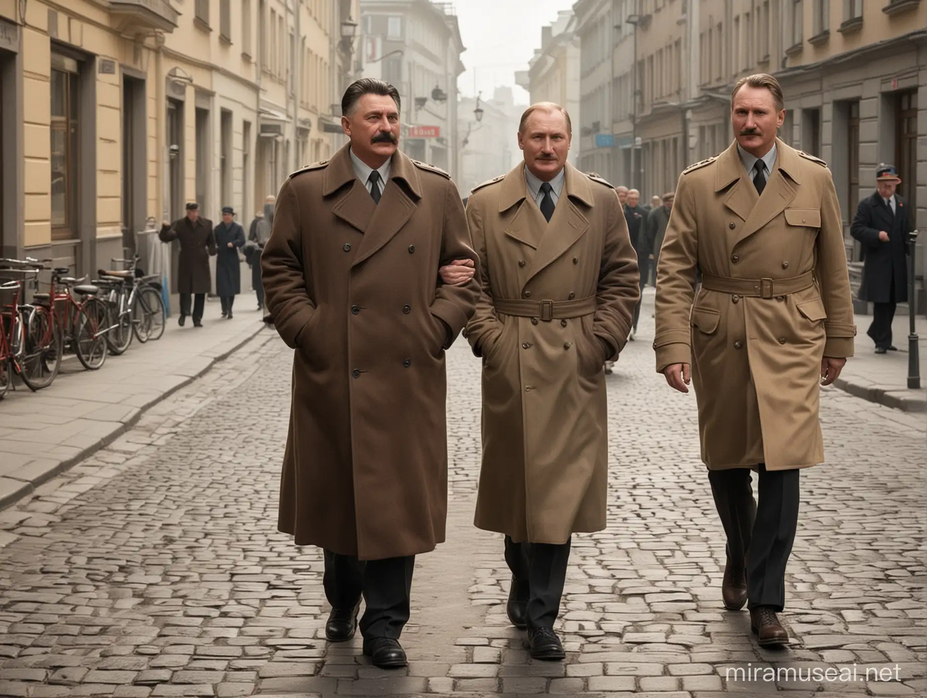Josef Stalin leads two clearly shorter men on the streets of Helsinki: Adolf Hitler and Vladimir Putin. The weather is sunny and Josef Stalin is delighted. Authentic looking spotlight.