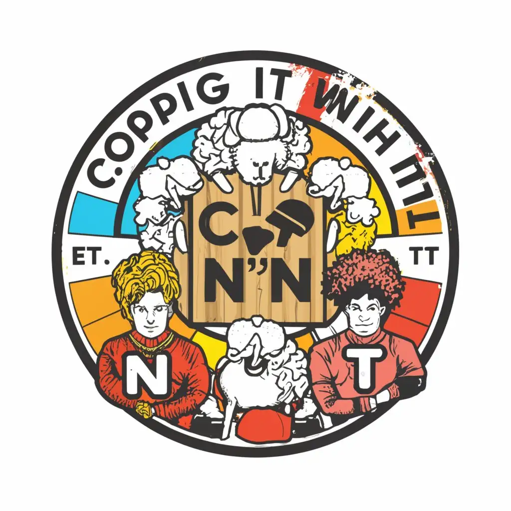 a logo design,with the text "Chopping It With N'n T", main symbol:Different coloured sheep on a chopping board as a background then 3 people sitting in a round table with mics,complex,clear background