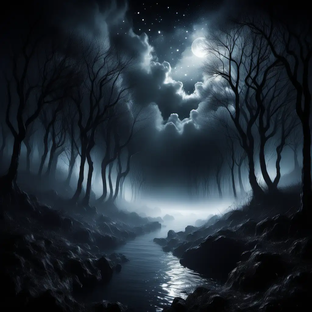 night time dreamscape an interpretation of being lost in thought rather than sleeping, dark and misty / ethereal
