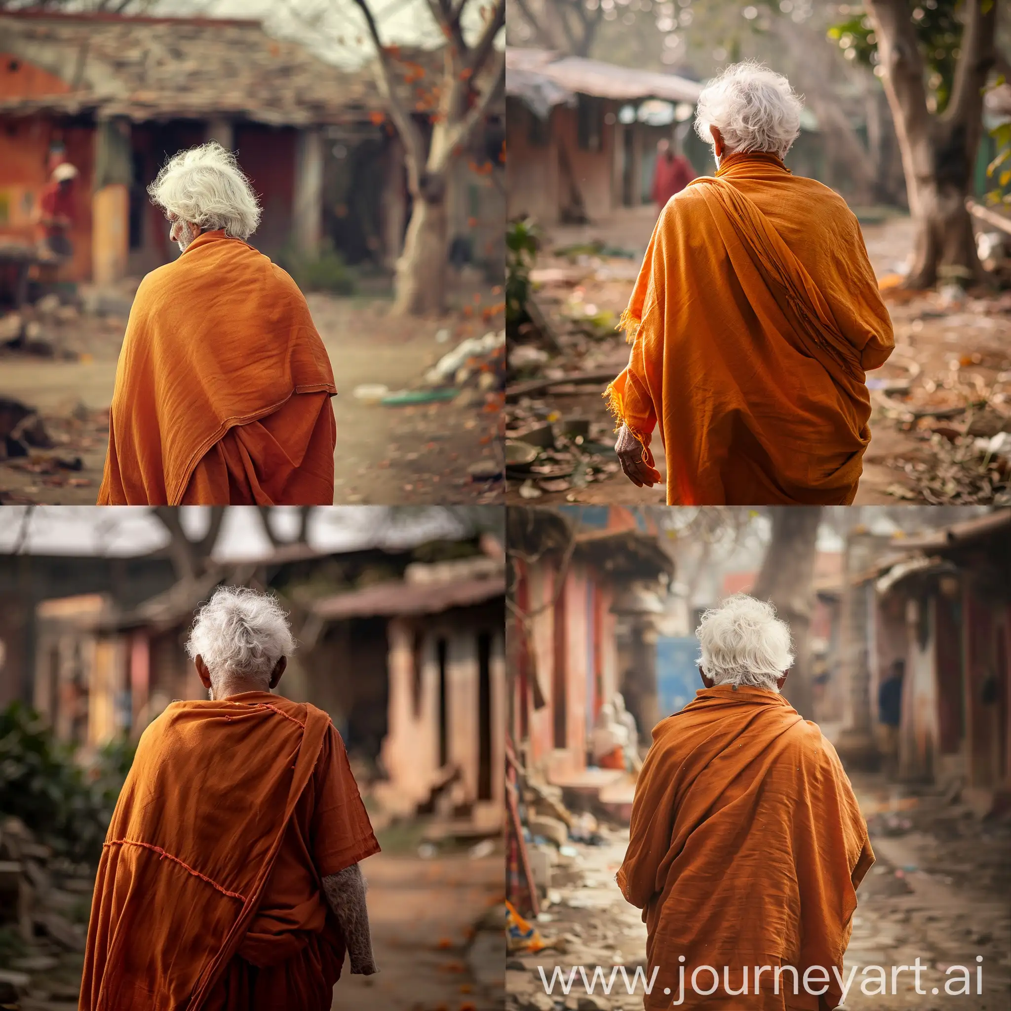 Old man in saffron shawl and white hair walking in an Indian village with his back to us