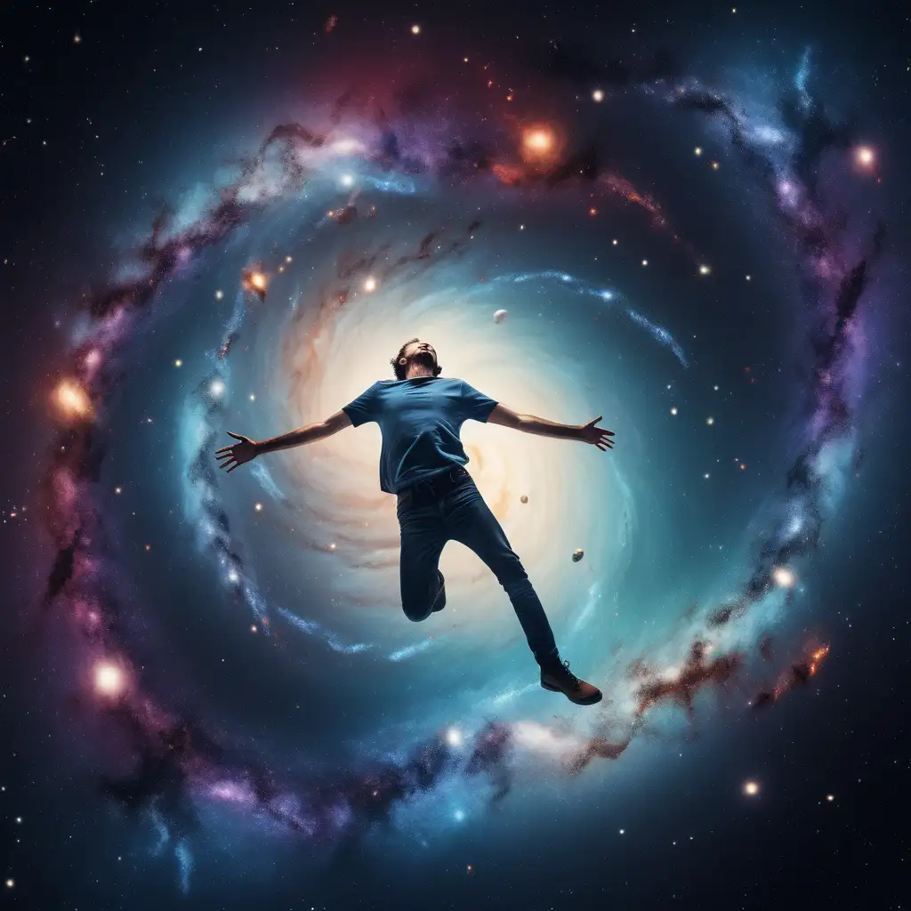 A man falling through space surrounded by galaxies 