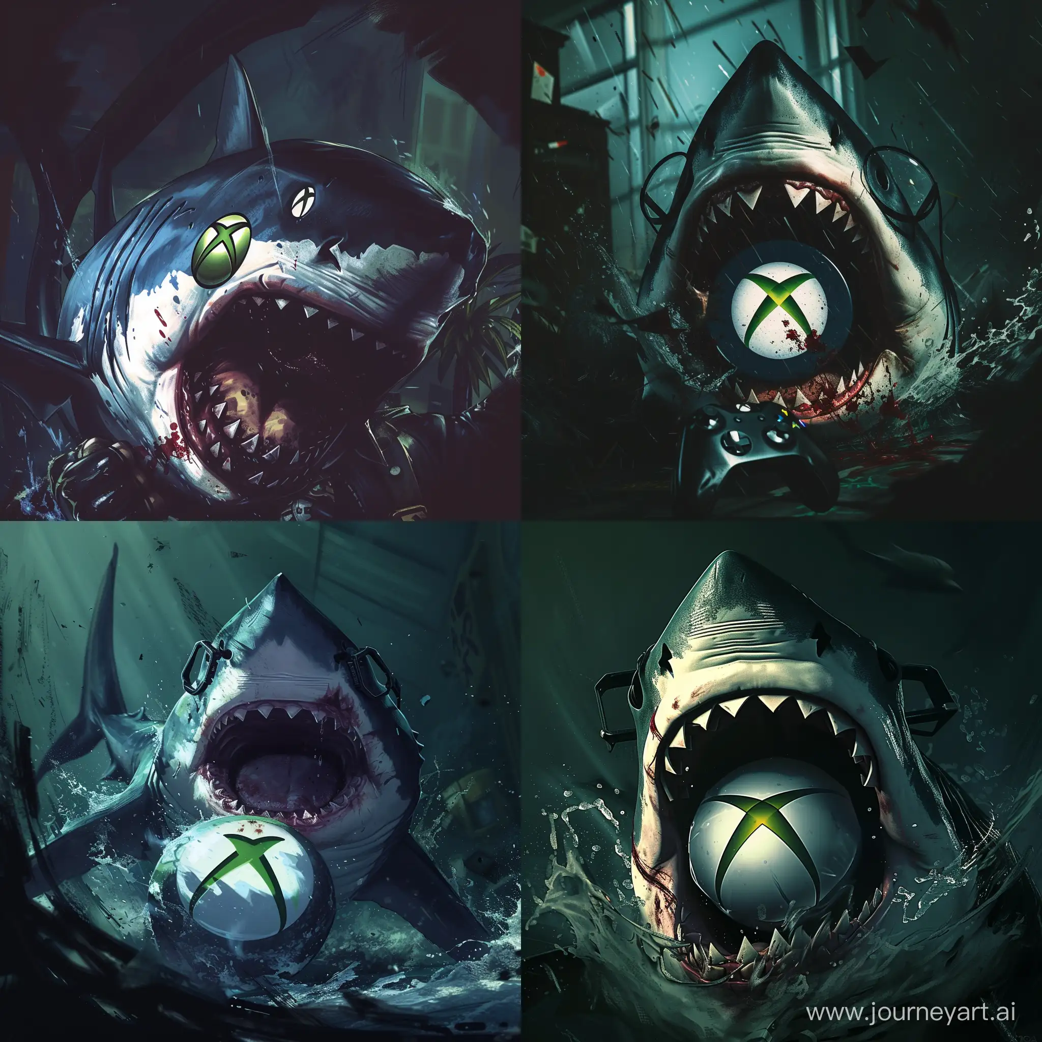 I'm a male shark, I'm wild and I wear glasses and I have a black leather jacket and I'm very angry I'm eating the Xbox logo and I'm in a room that's dark and I'm bleeding from my mouth