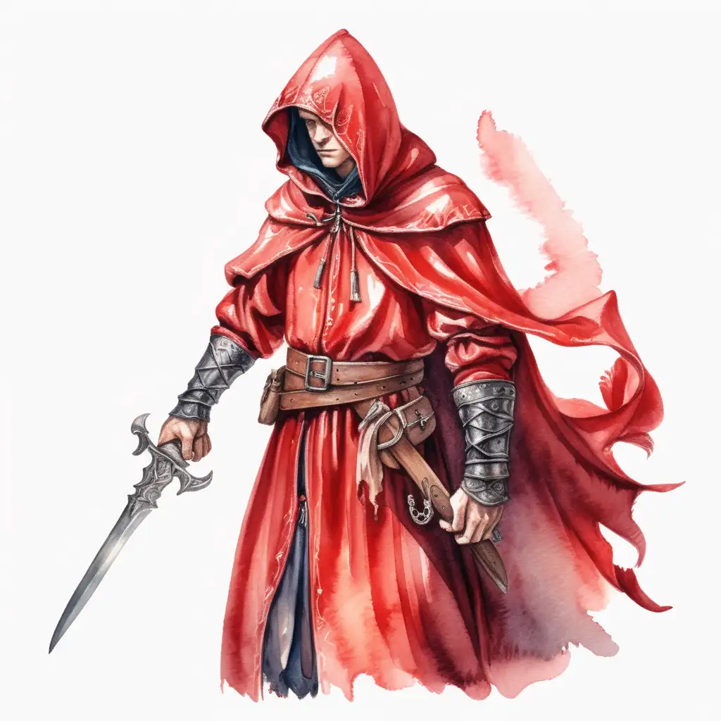 sideways view of a red hooded fantasy cult fanatic wearing medieval clothing and holding a small dagger while standing, dark watercolor drawing, no background