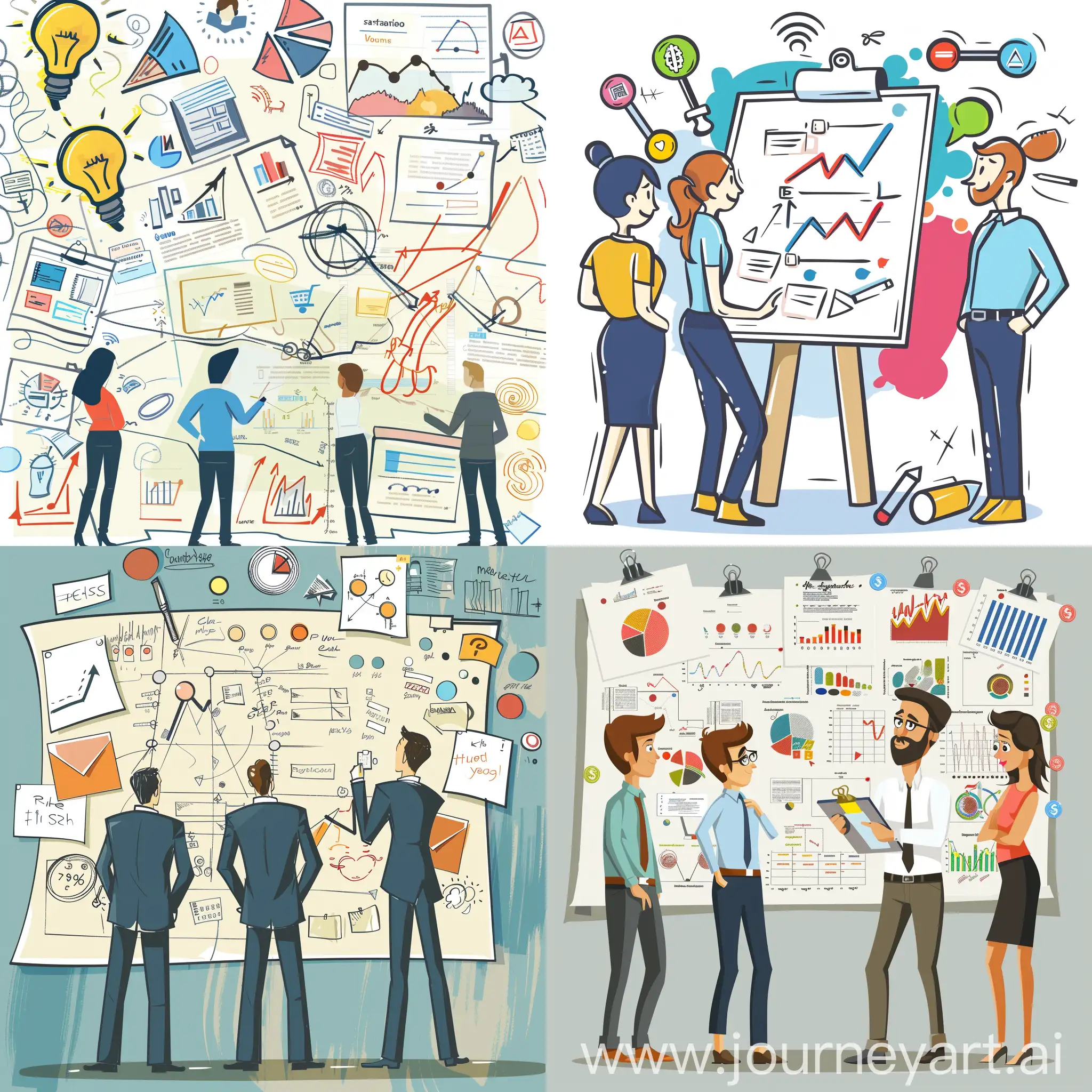 business plan of action, pins, strategy, different ways, hard work, satisfacation. Newspaper cartoon style, caricature
