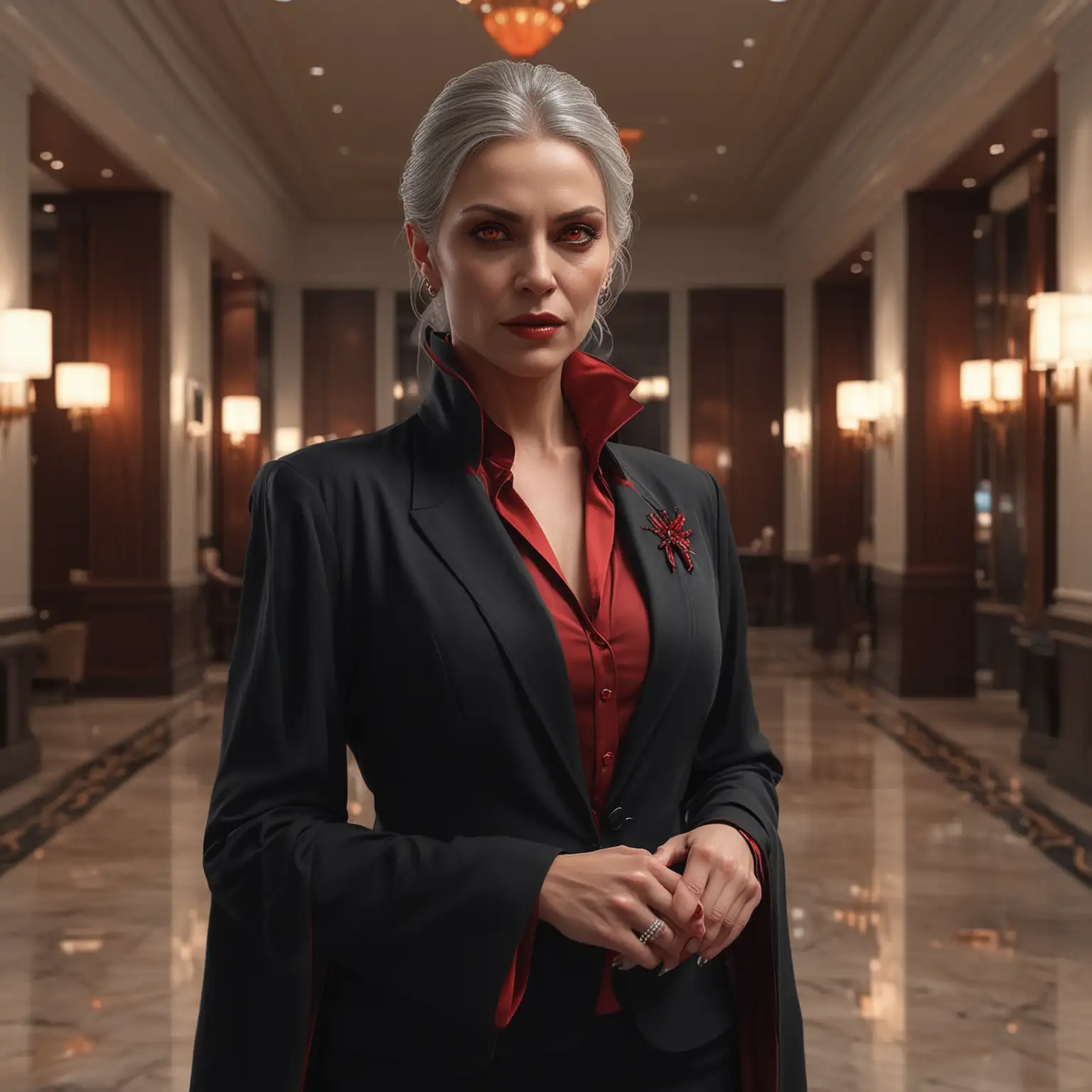 A female Ventrue vampire, expensive clothing, businesswoman, red glowing eyes, standing in luxurious business lobby at night, 50 years old, realistic