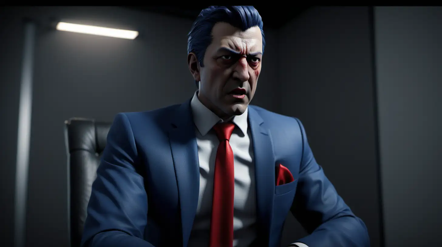 /imagine prompt: Realistic, Cinematic, personality: [Show a sad businessman in a blue suit and red tie, who is sitting down.  He is being yelled at  by his boss, who is standing up and who is wearing a grey suit
] unreal engine, hyper real --q 2 --v 5.2 --ar 16:9
