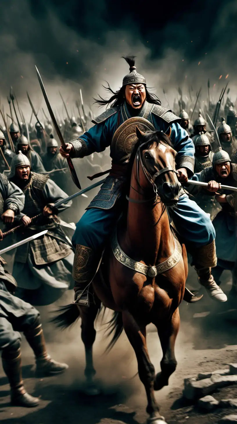 Genghis Khan is angry and fights with soldiers. Let the background of the picture be a little dark
