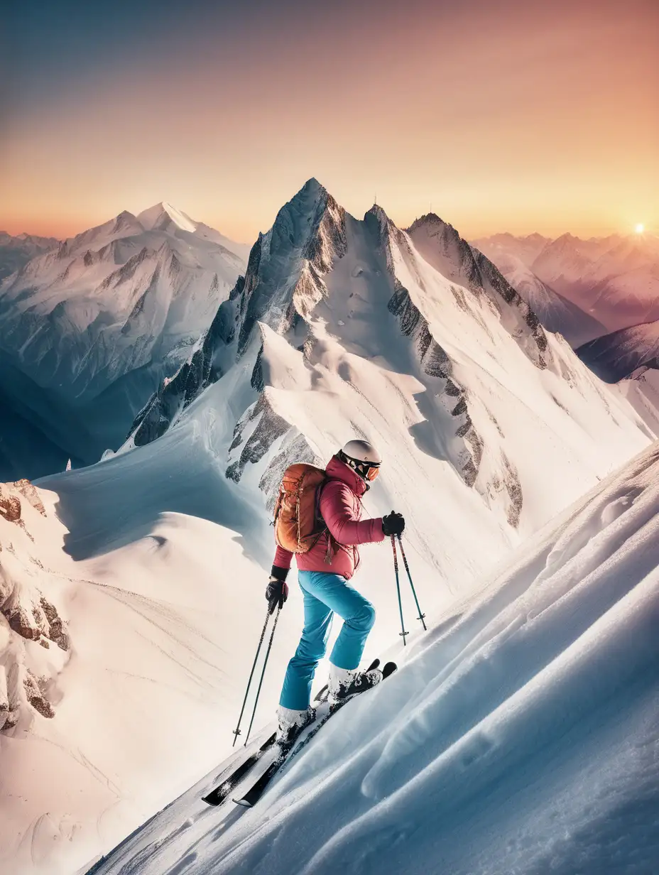 un skieur de randonnée, les montagnes escarpées enneigées.
ambiance vintage année 80
un baton dans chaque main, un ski à chaque pied
coucher de soleil
mont blanc en arrière plan
