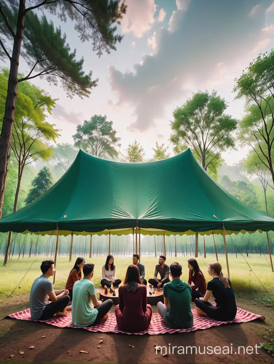 grupo de gente sentada bajo una carpa verde, fondo de bosque, cielo nublado