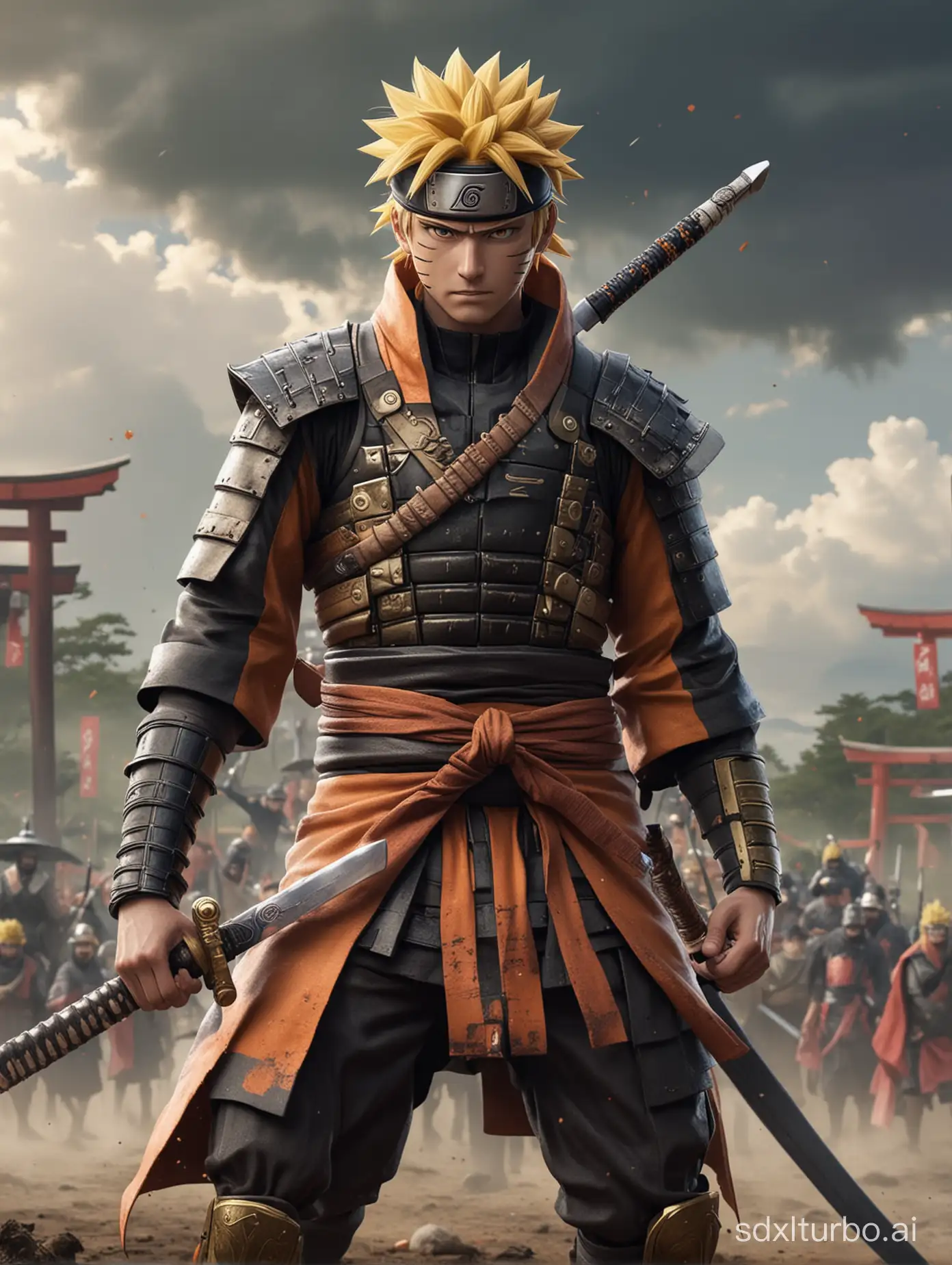 Naruto puts on ancient Japanese warrior armor and wields a katana on the battlefield