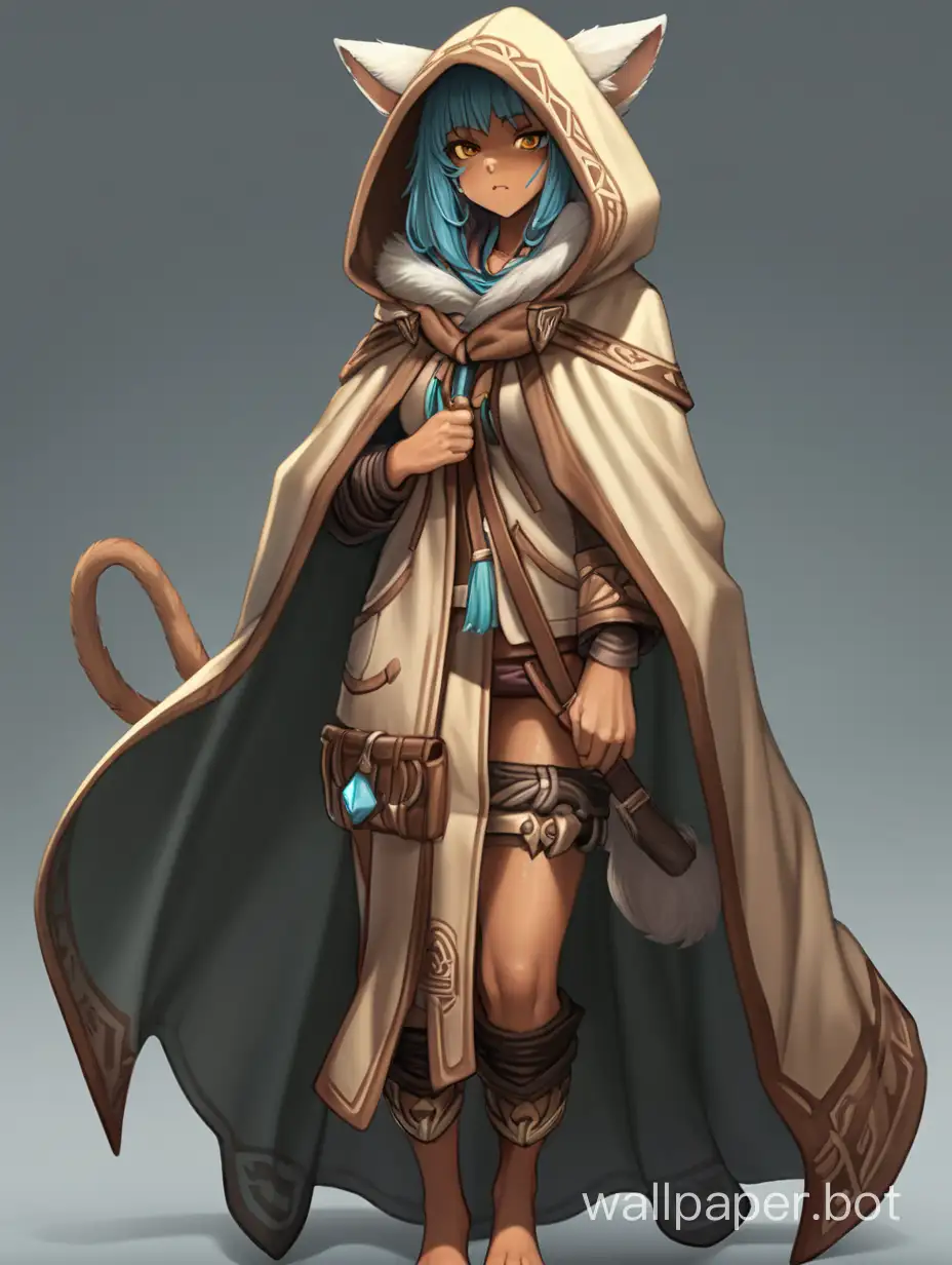 old beastwoman, neko, tan skin, in a hooded cloak, old