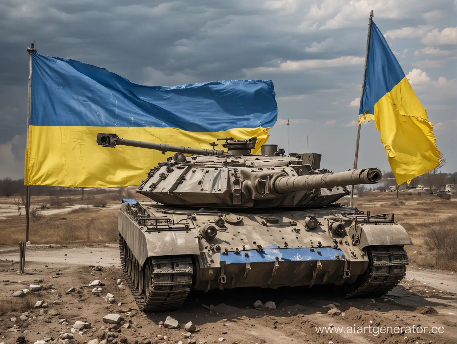 Destroyed-Ukrainian-Flag-and-Abandoned-Tank-Amidst-Conflict